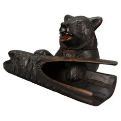 Late 19th Century Black Forest Carved Inkwell and Pen Rest with Bear 