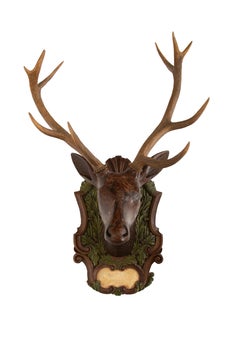 Late 19th Century Black Forest Carved Wooden Deer Head w/ Real Antler