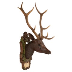 Late 19th Century Black Forest Carved Wooden Deer Head w/ Real Antler