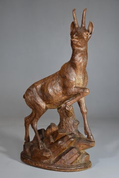 Late 19th Century Black Forest Finely Carved Linden Wood Figure of a Chamois