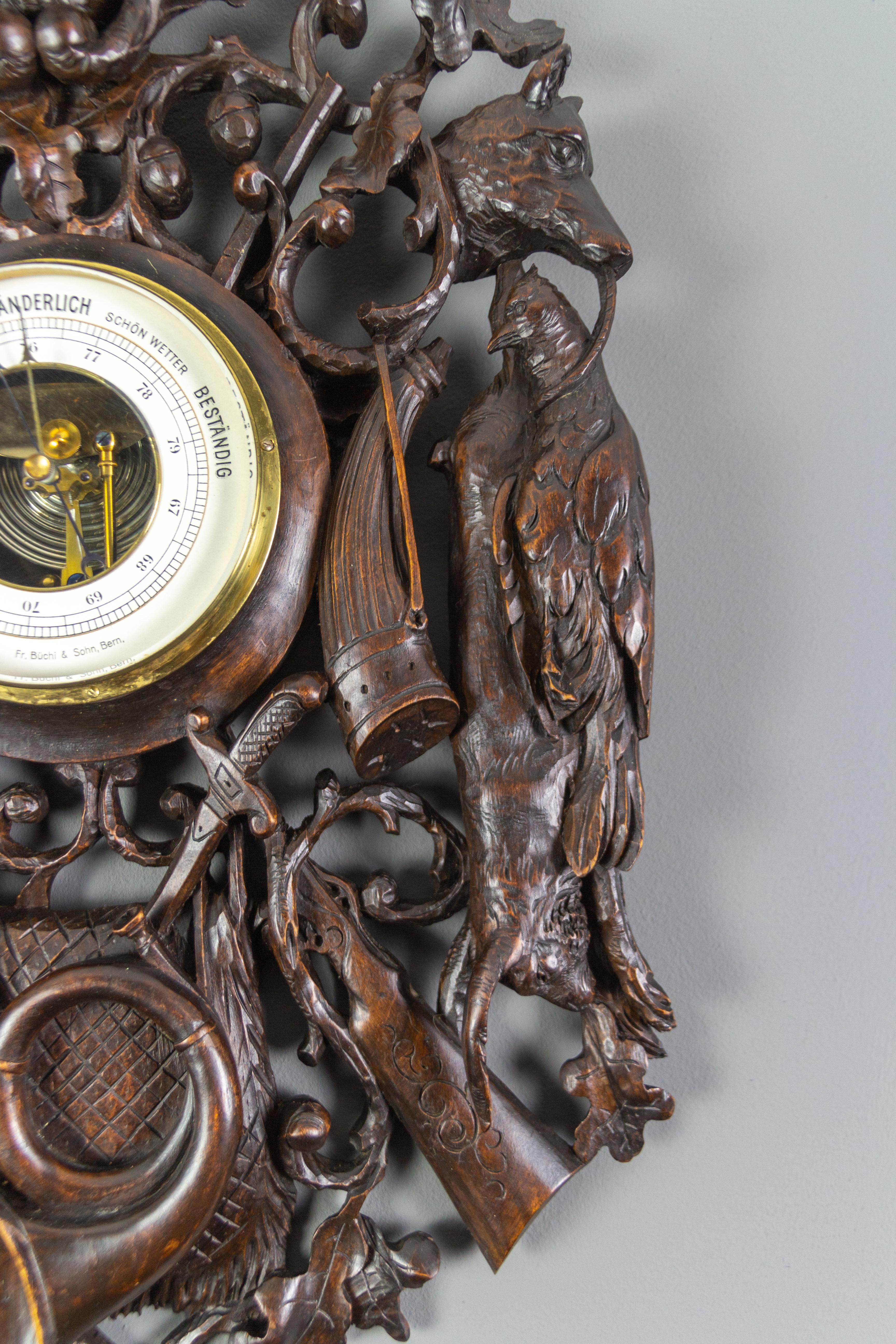 Late 19th Century Black Forest Swiss Barometer Hand Carved Hunting Theme and Dog 10