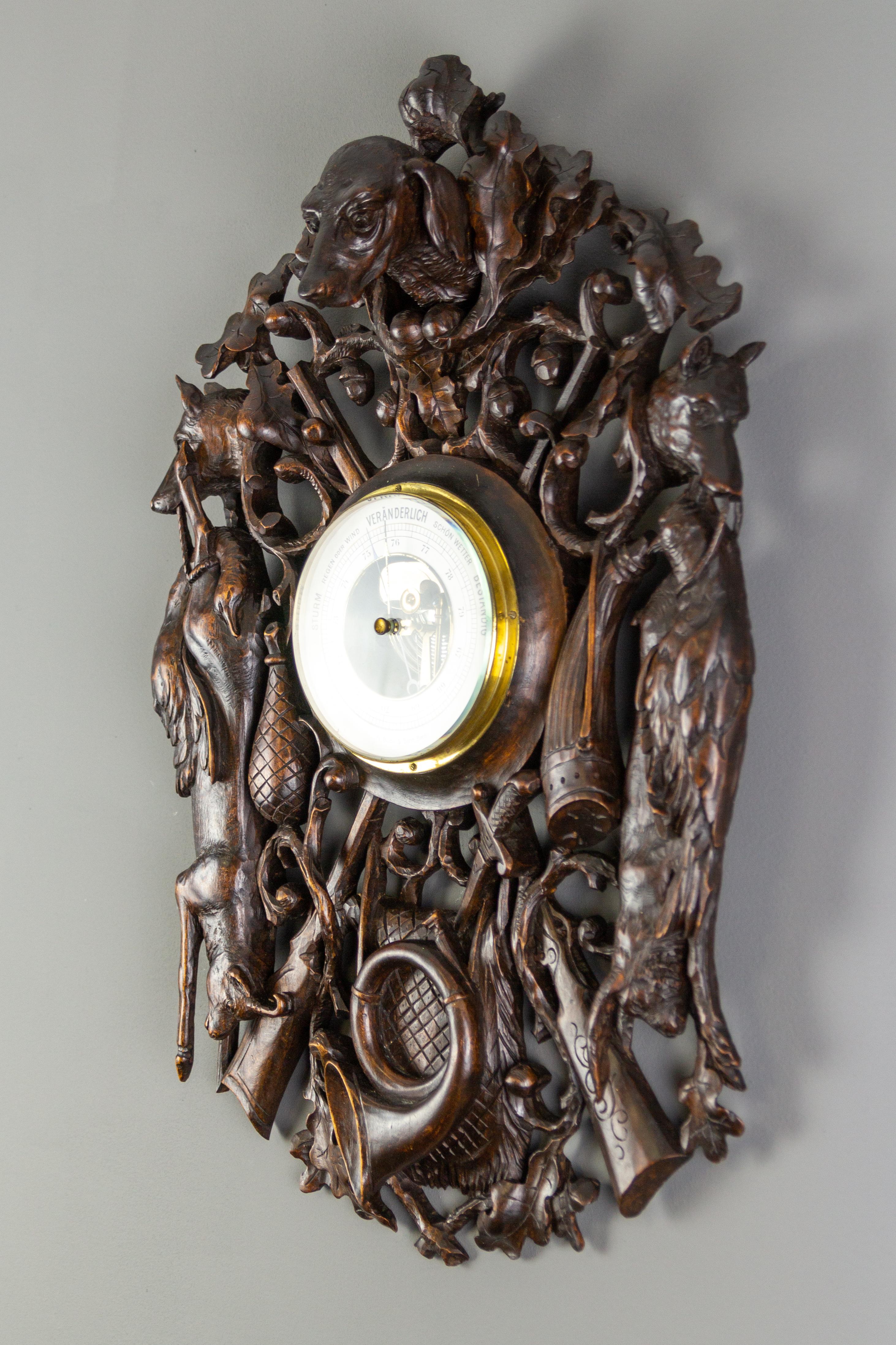 Hand-Carved Late 19th Century Black Forest Swiss Barometer Hand Carved Hunting Theme and Dog