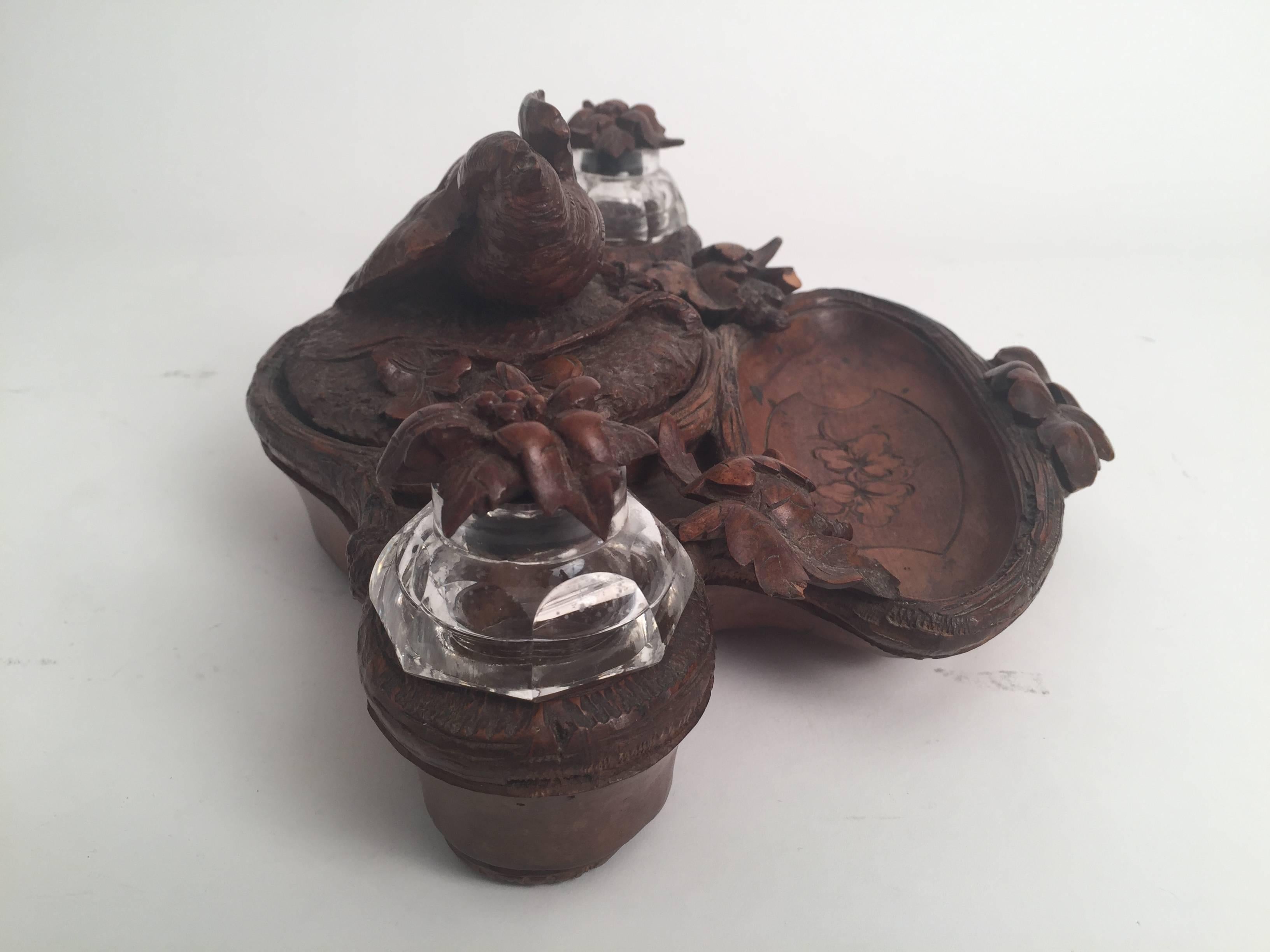 Black Forest Late 19th Century Black Forrest Walnut Hand-Carved Ink Stand