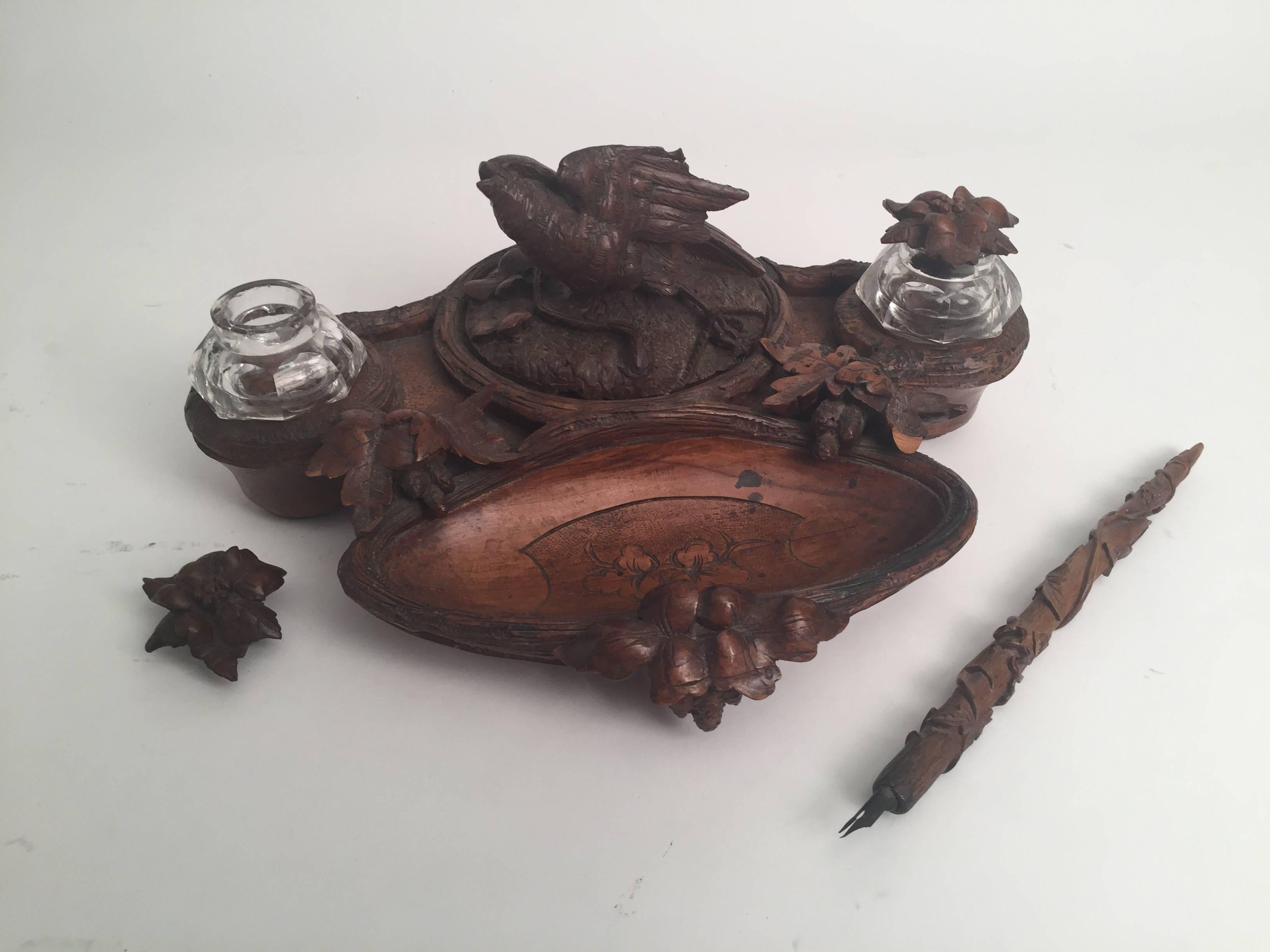 German Late 19th Century Black Forrest Walnut Hand-Carved Ink Stand