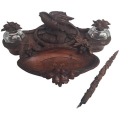 Late 19th Century Black Forrest Walnut Hand-Carved Ink Stand