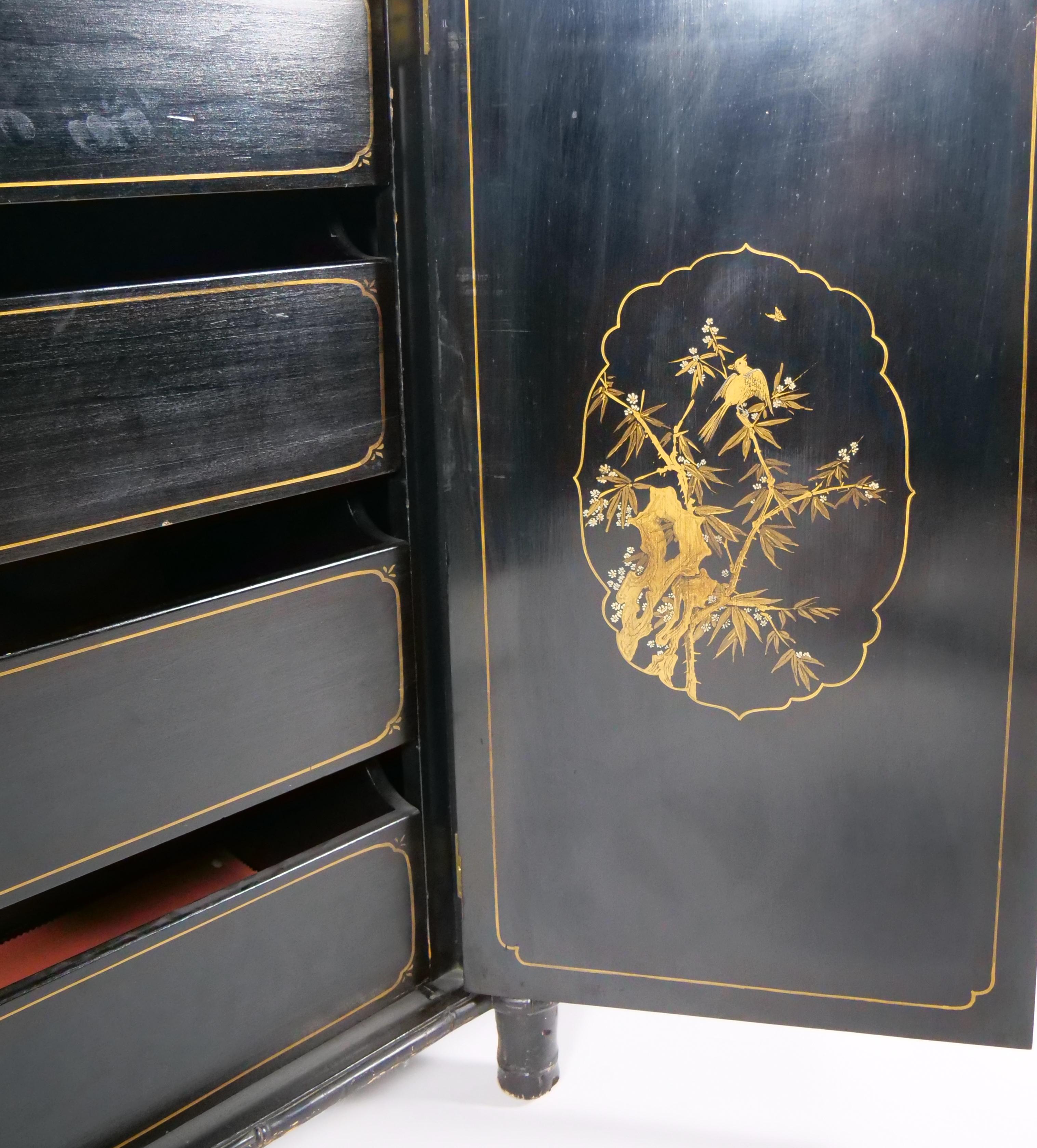 Late 19th century Black Lacquered Painted Chinoiserie Credenza/ Server 6
