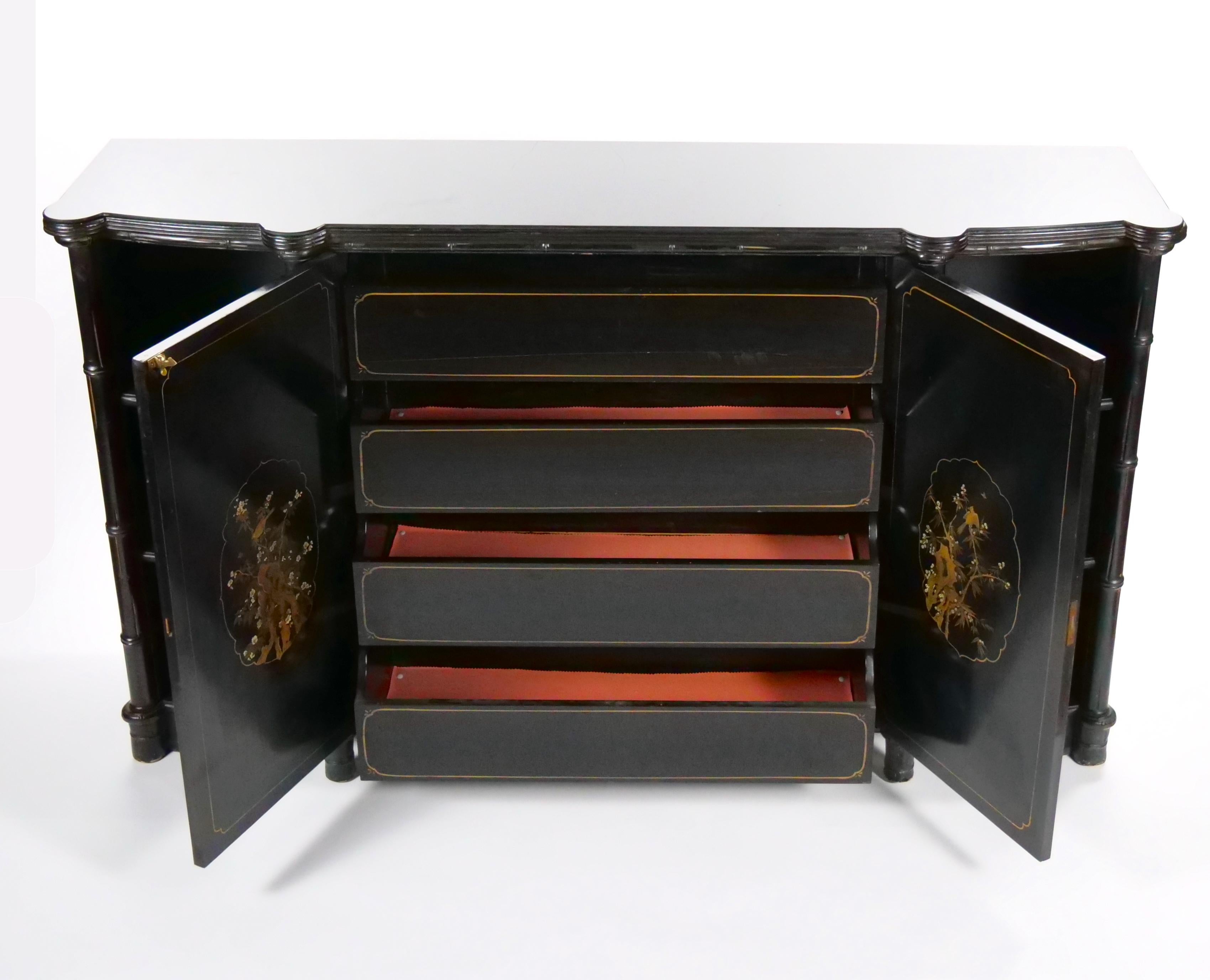 Late 19th century Black Lacquered Painted Chinoiserie Credenza/ Server 9