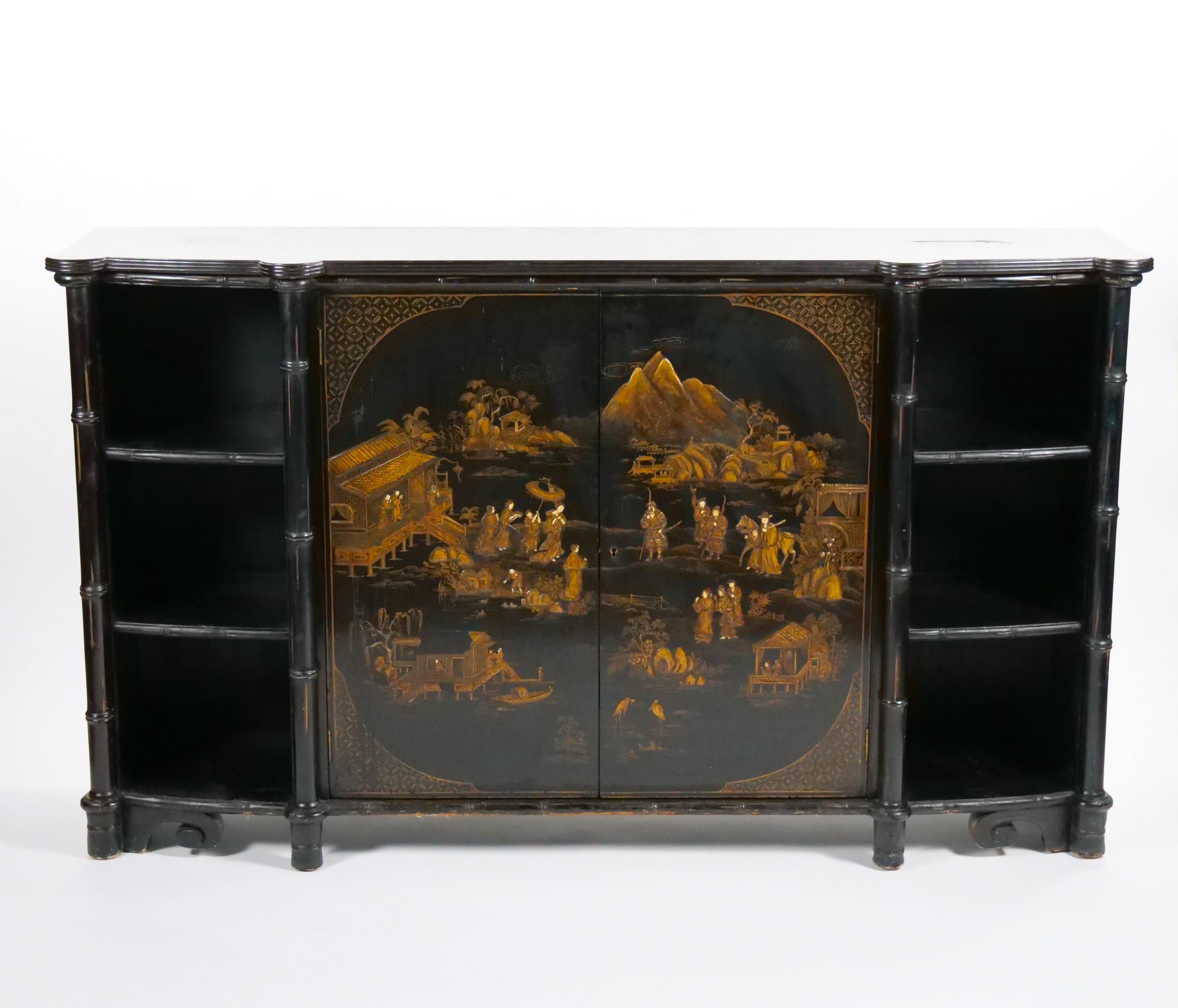 Chinese Late 19th century Black Lacquered Painted Chinoiserie Credenza/ Server