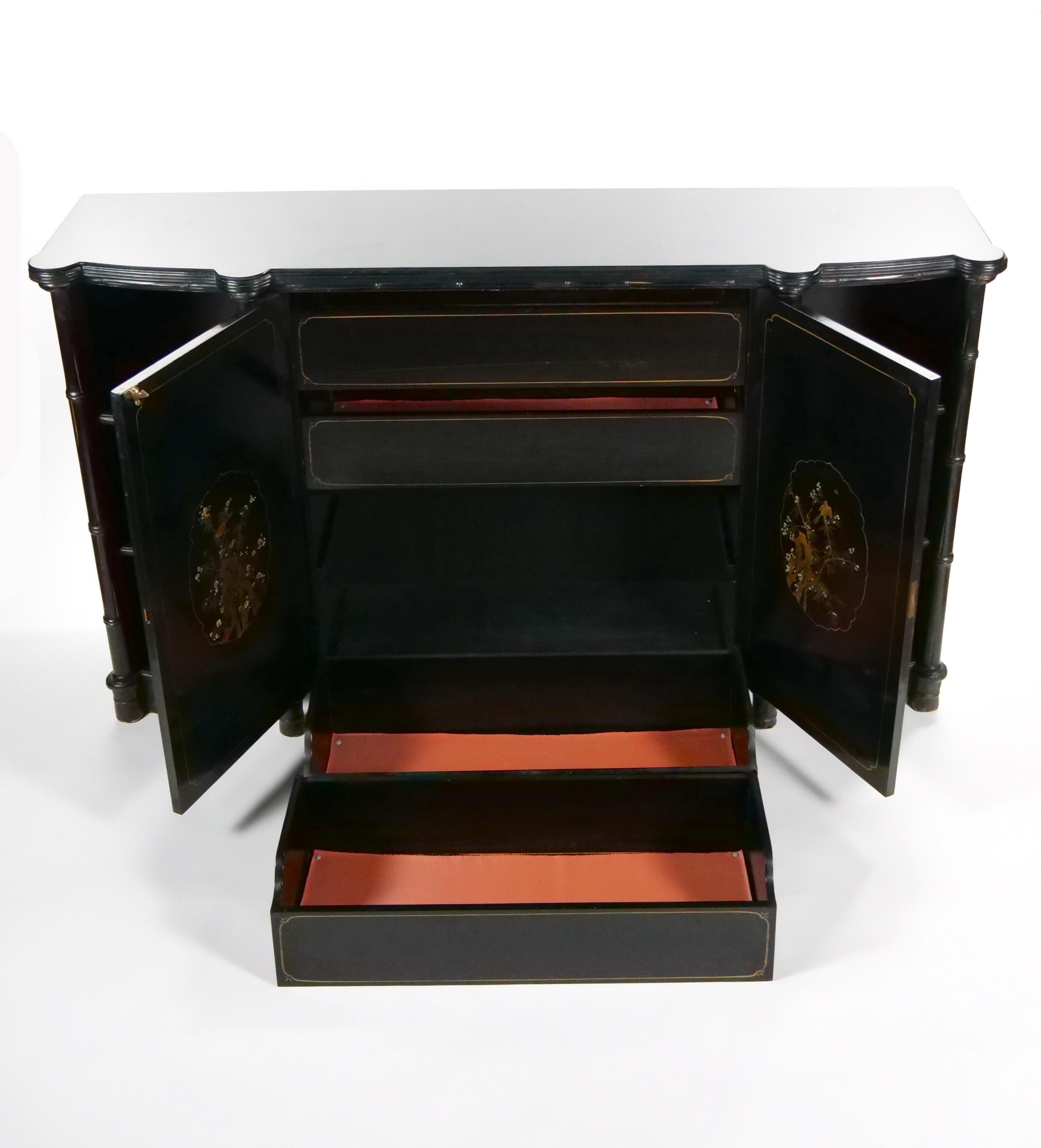 Hand-Carved Late 19th century Black Lacquered Painted Chinoiserie Credenza/ Server