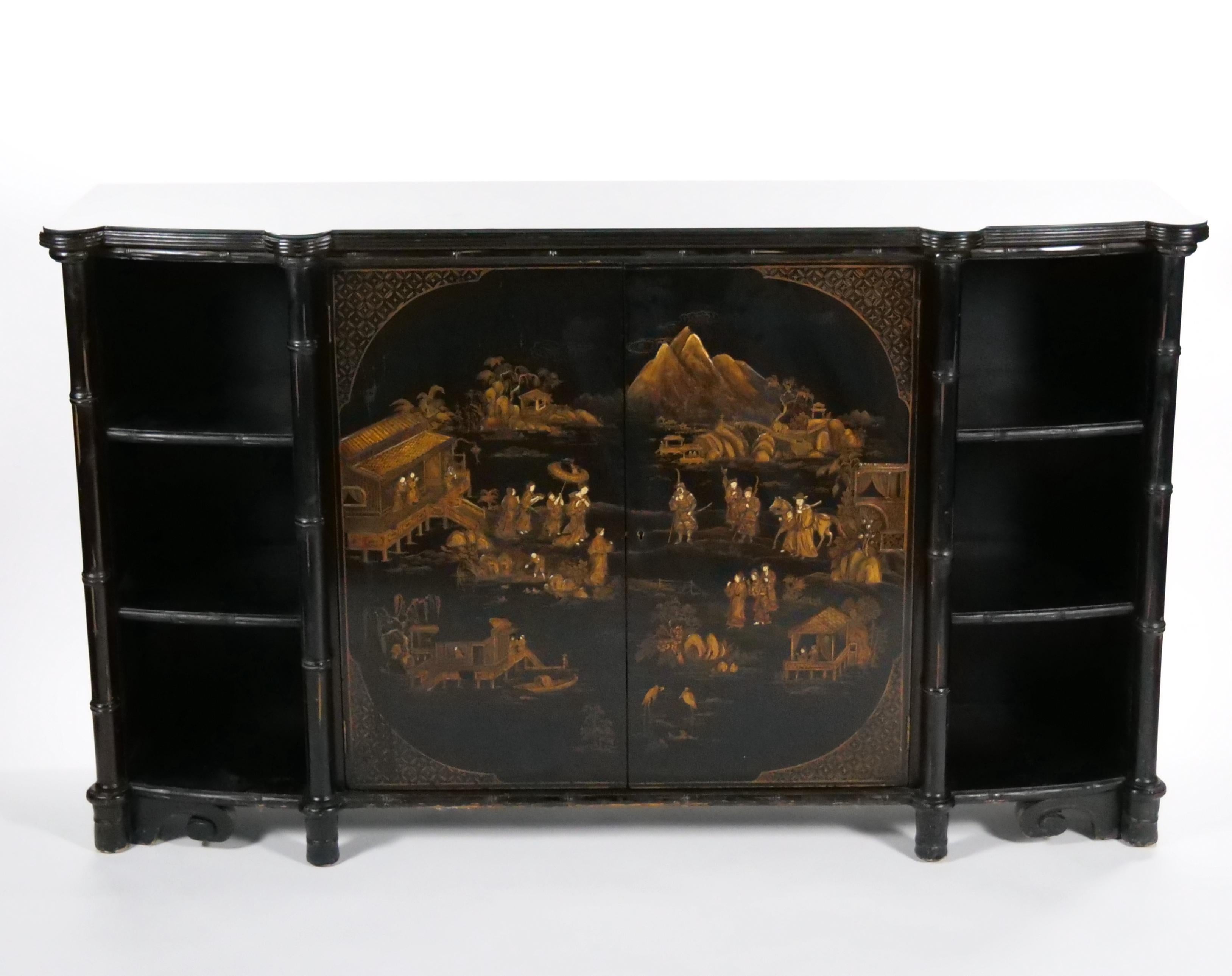 Late 19th century Black Lacquered Painted Chinoiserie Credenza/ Server In Good Condition In Tarry Town, NY