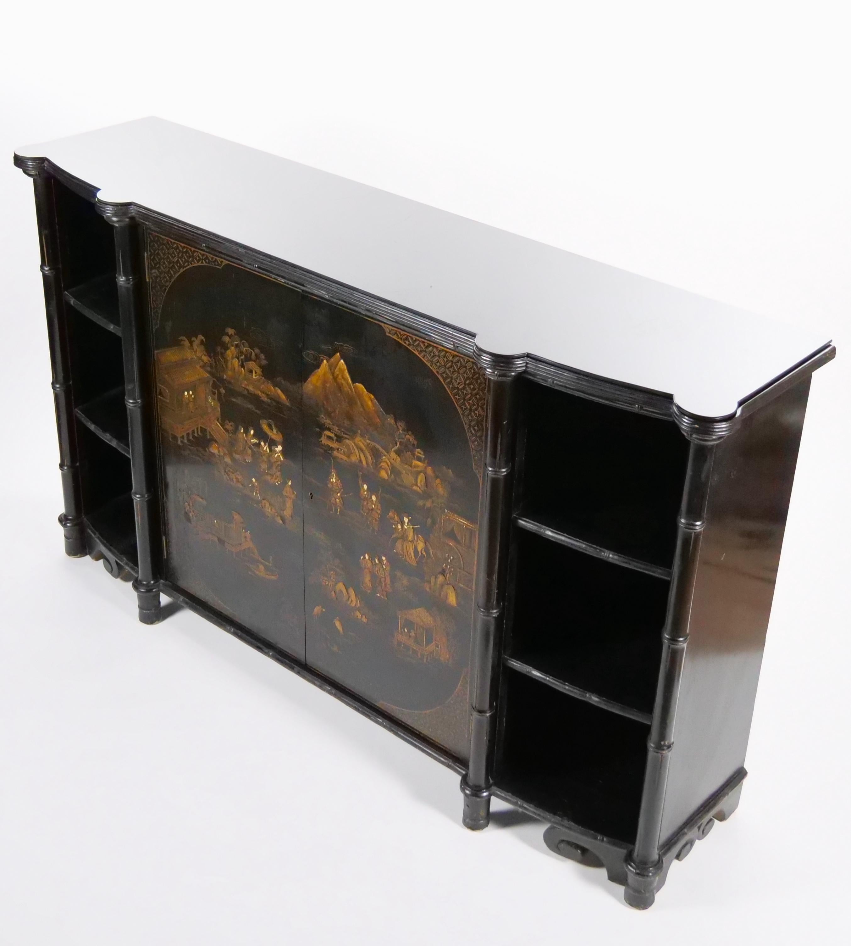 Late 19th Century Late 19th century Black Lacquered Painted Chinoiserie Credenza/ Server