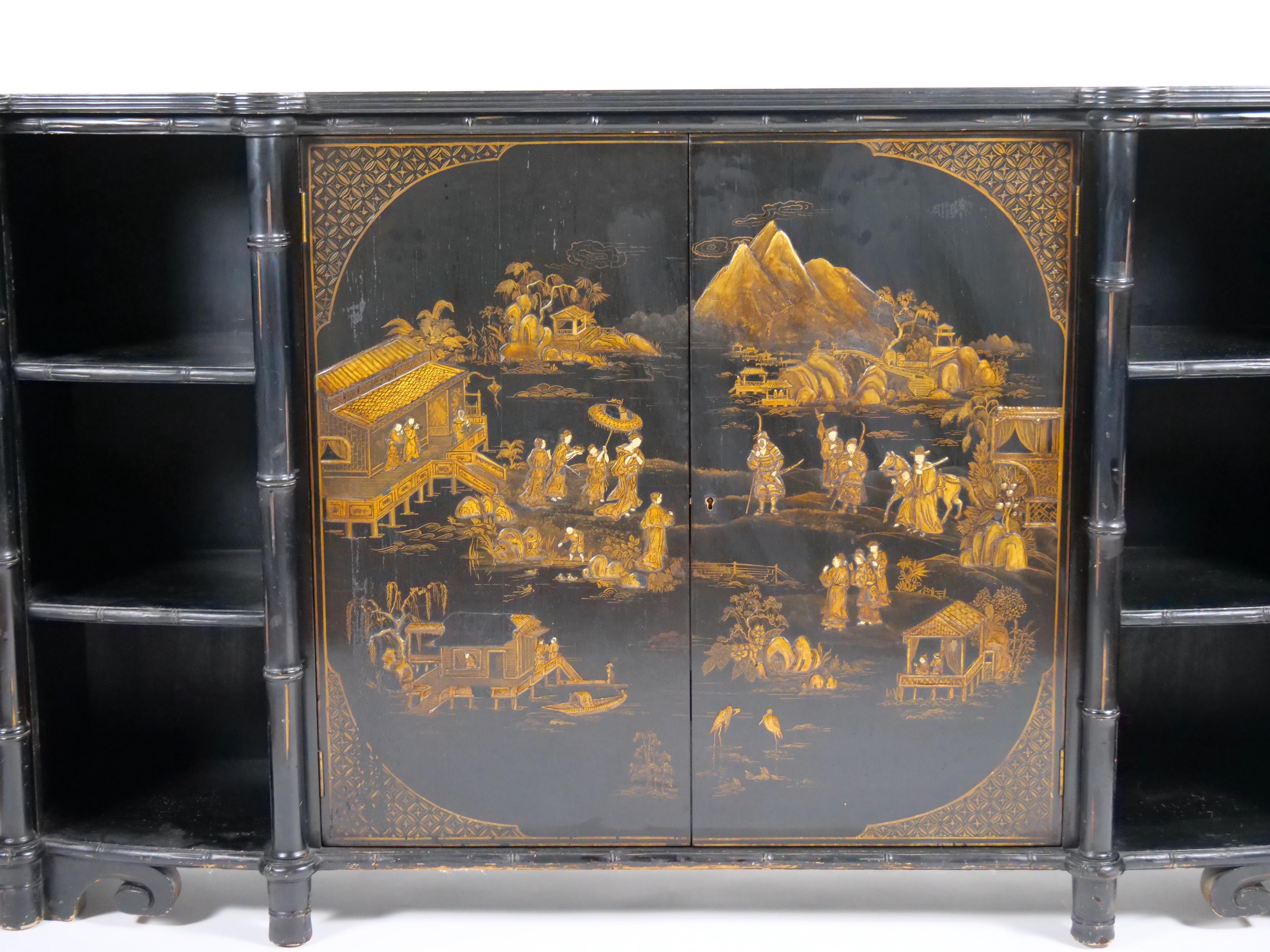 Wood Late 19th century Black Lacquered Painted Chinoiserie Credenza/ Server