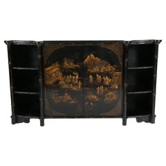 Late 19th century Black Lacquered Painted Chinoiserie Credenza/ Server