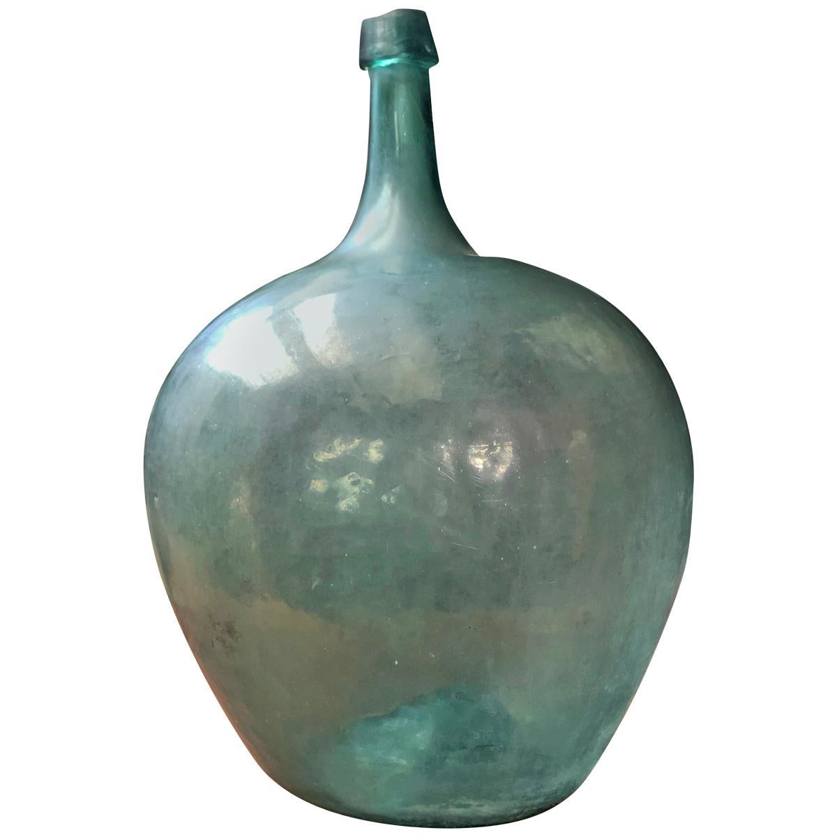 Late 19th Century Blown Glass Light Blue Demijohn Bottle Found in México