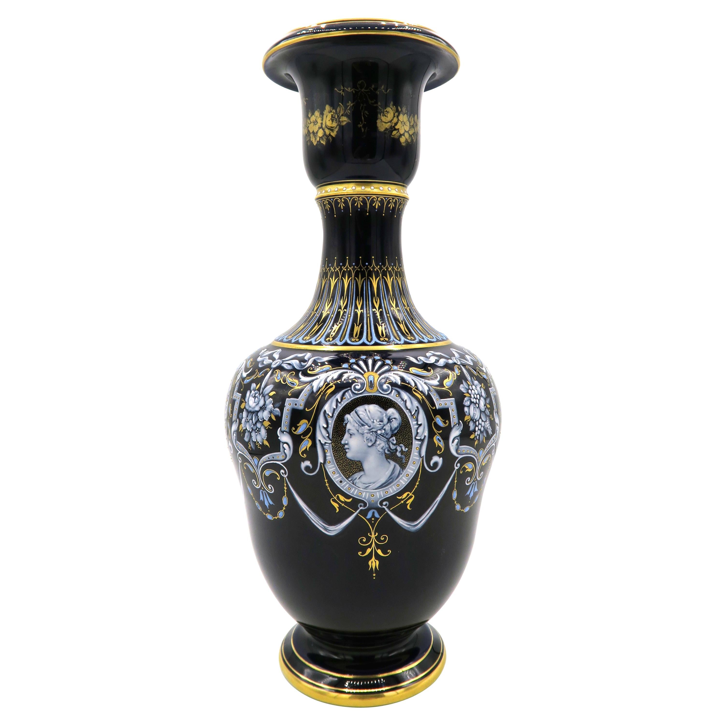 Late 19th Century Blue Meissner Narrow Neck Vase with Elegant Lady Portrait For Sale
