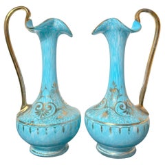 Pair of 19th Century Bohemian Turquoise Opaline and Gilt Glass Ewers