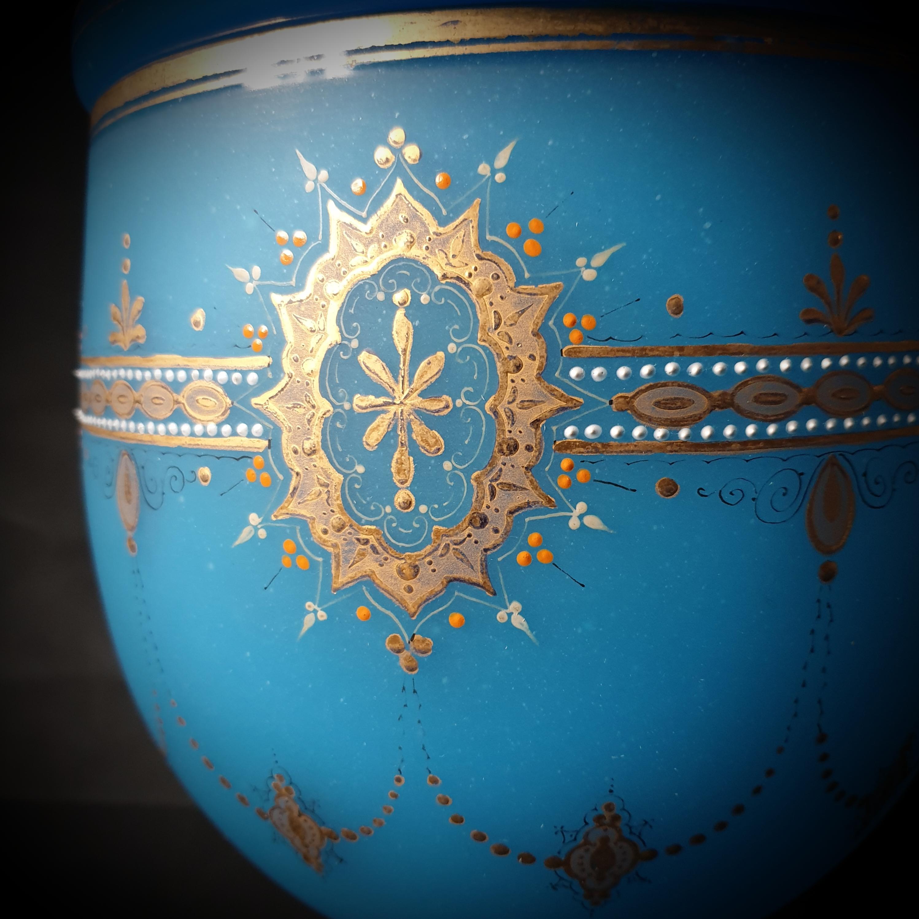 Late 19th Century Blue Opaline Bohemian Goblet Shaped Gilded Urn, Pitcher For Sale 3