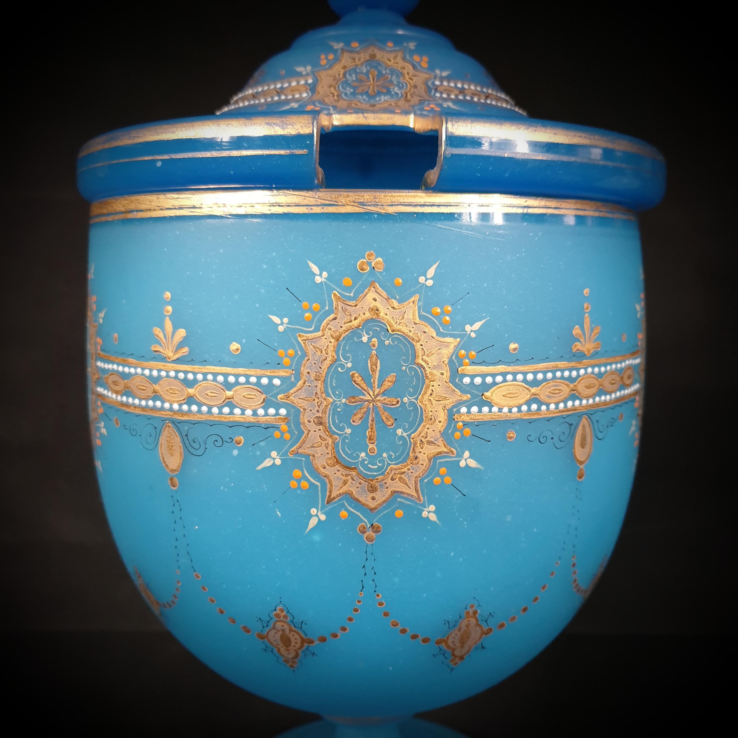 Late 19th Century Blue Opaline Bohemian Goblet Shaped Gilded Urn, Pitcher For Sale 1