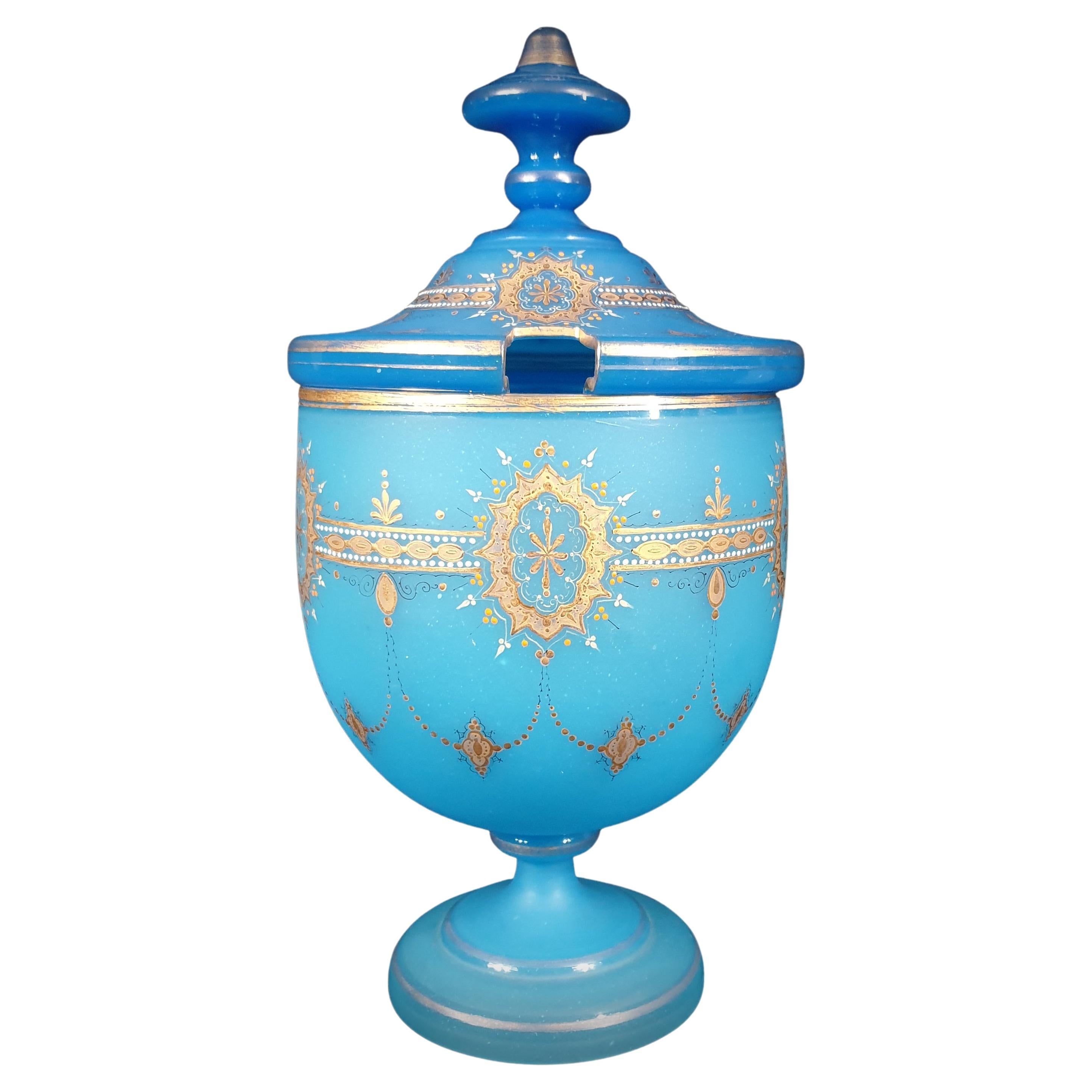 Late 19th Century Blue Opaline Bohemian Goblet Shaped Gilded Urn, Pitcher For Sale