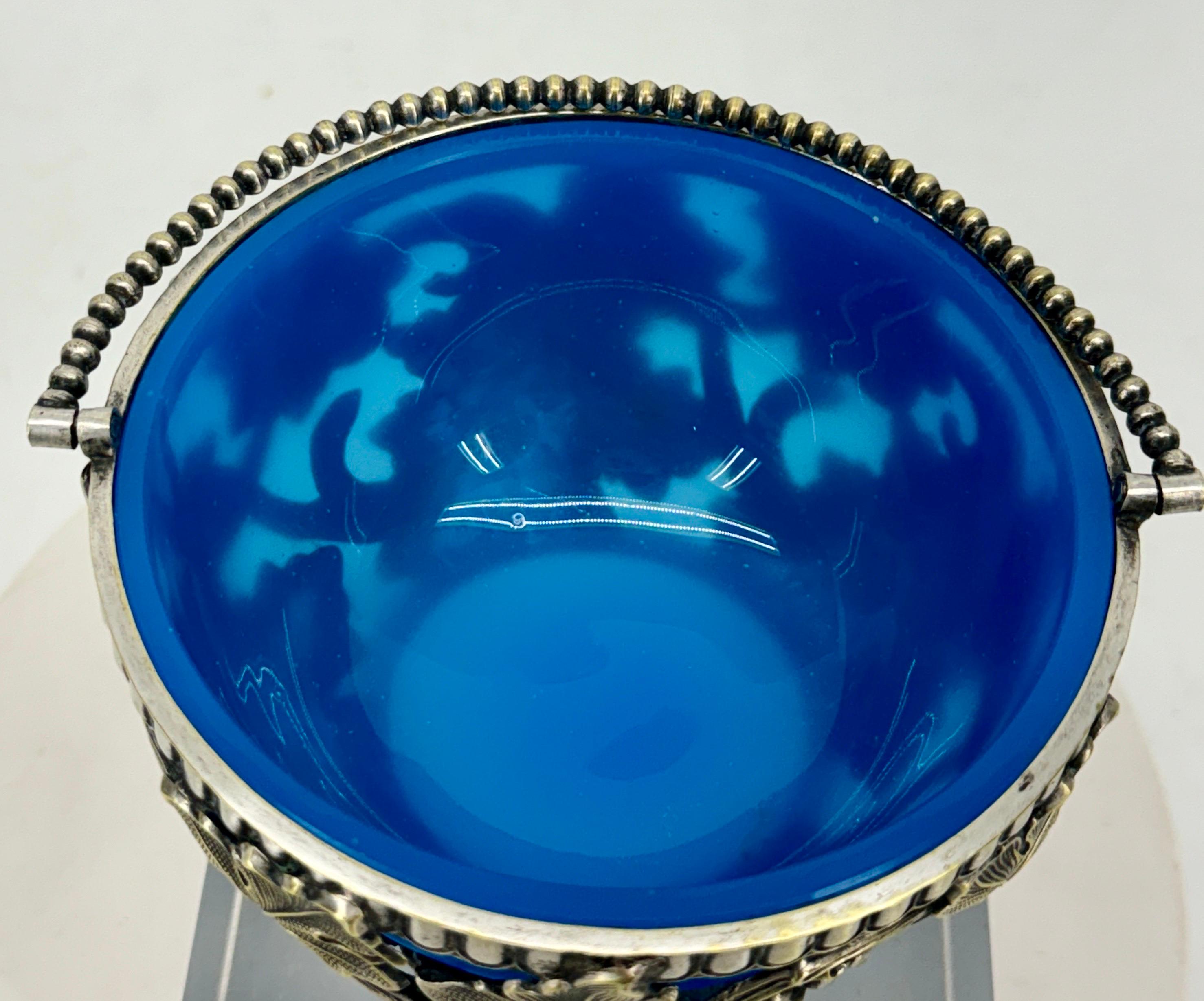 Late 19th Century Blue Opaline Sheffield Silver Sugar Bowl For Sale 6