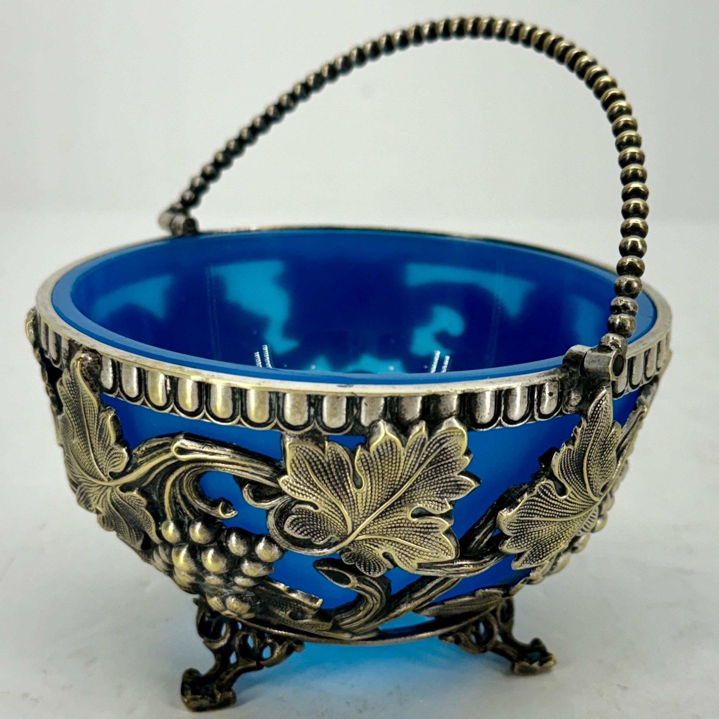 English Sugar or Candy Bowl in Silver-Plate and Blue Opaline Glass, circa 1880-1900. The Sheffield Silver base has an amazing pearl string handle.