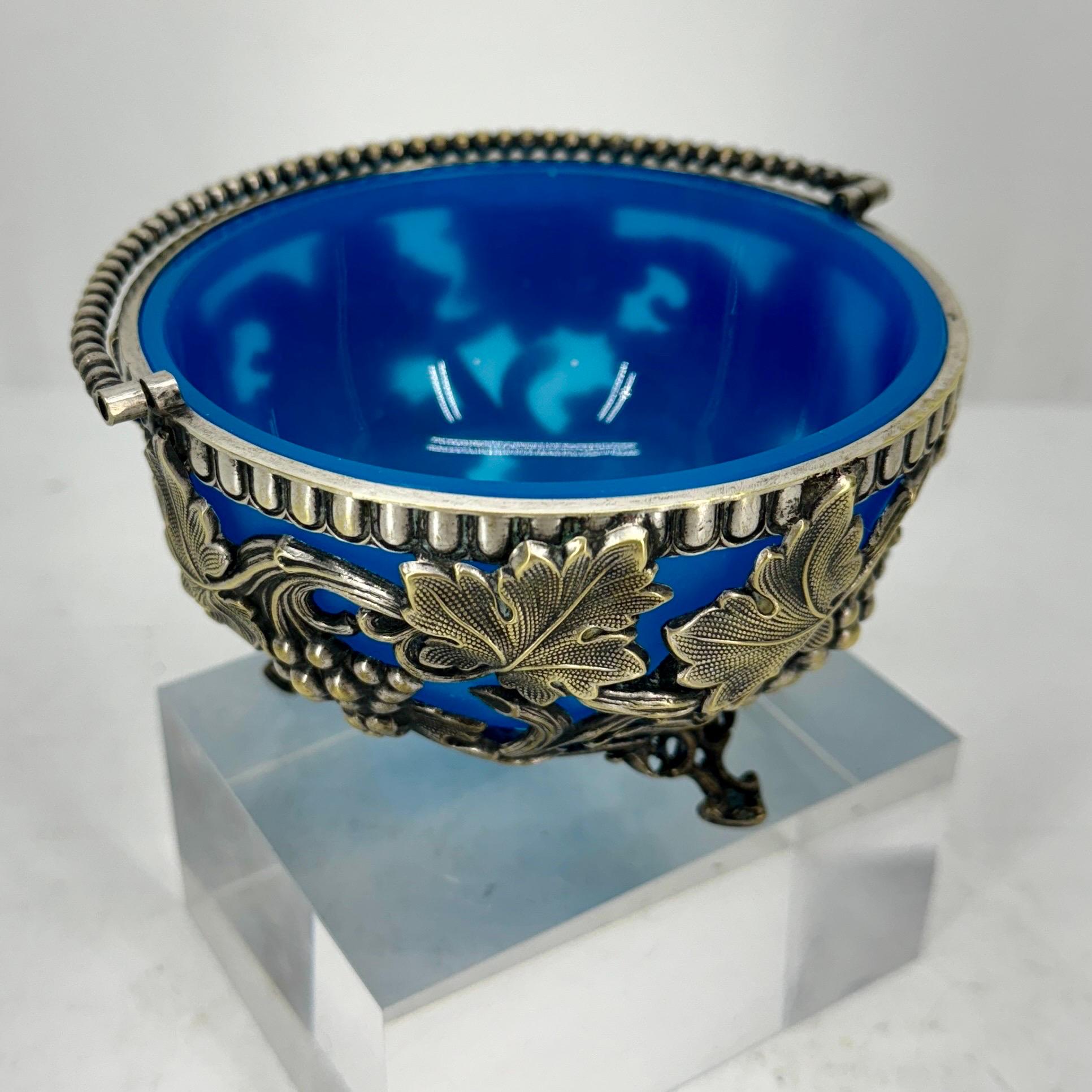 Hand-Crafted Late 19th Century Blue Opaline Sheffield Silver Sugar Bowl For Sale