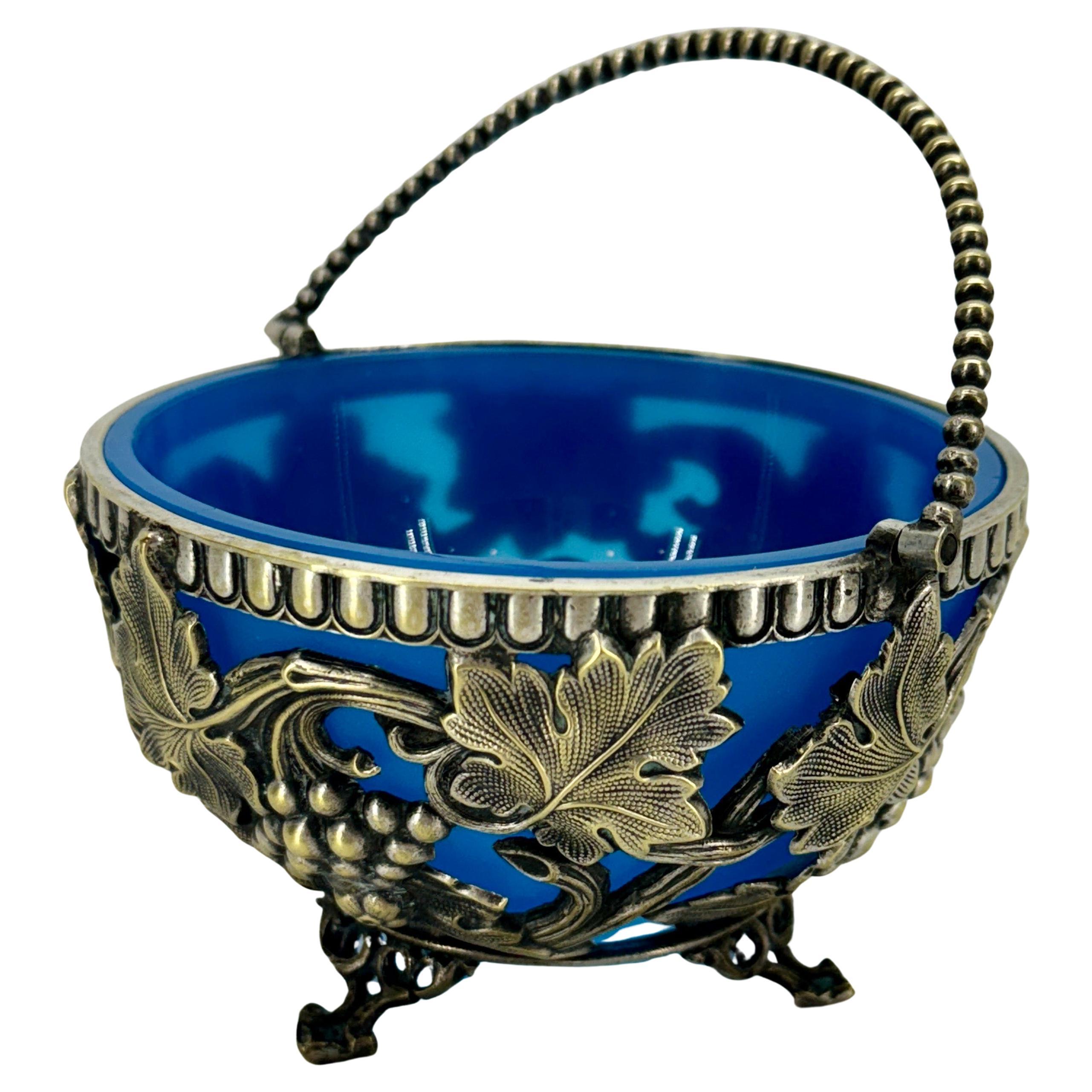 Late 19th Century Blue Opaline Sheffield Silver Sugar Bowl For Sale