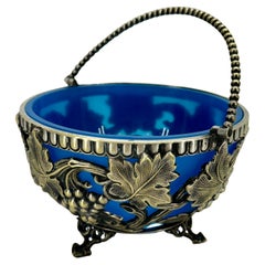 Late 19th Century Blue Opaline Sheffield Silver Sugar Bowl