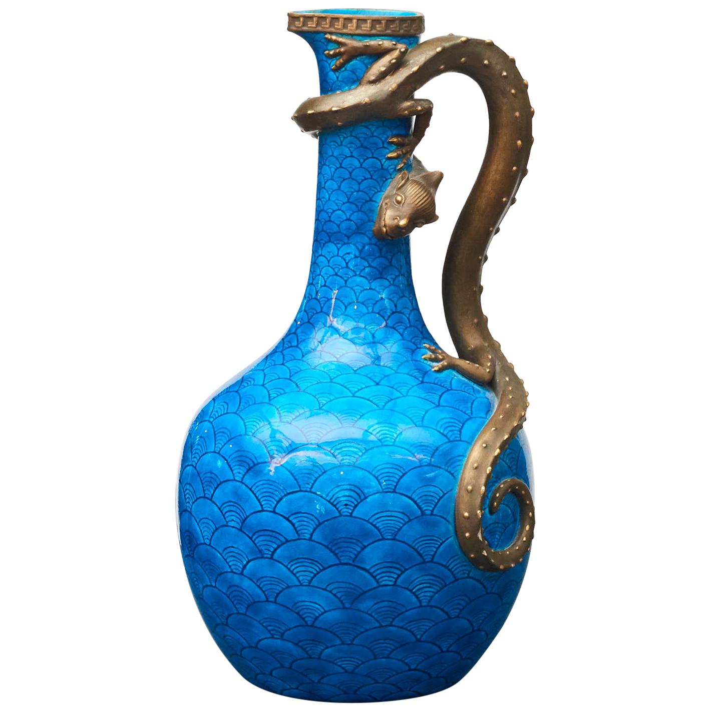 Late 19th Century Blue Royal Worcester Pitcher with Dragon Handle