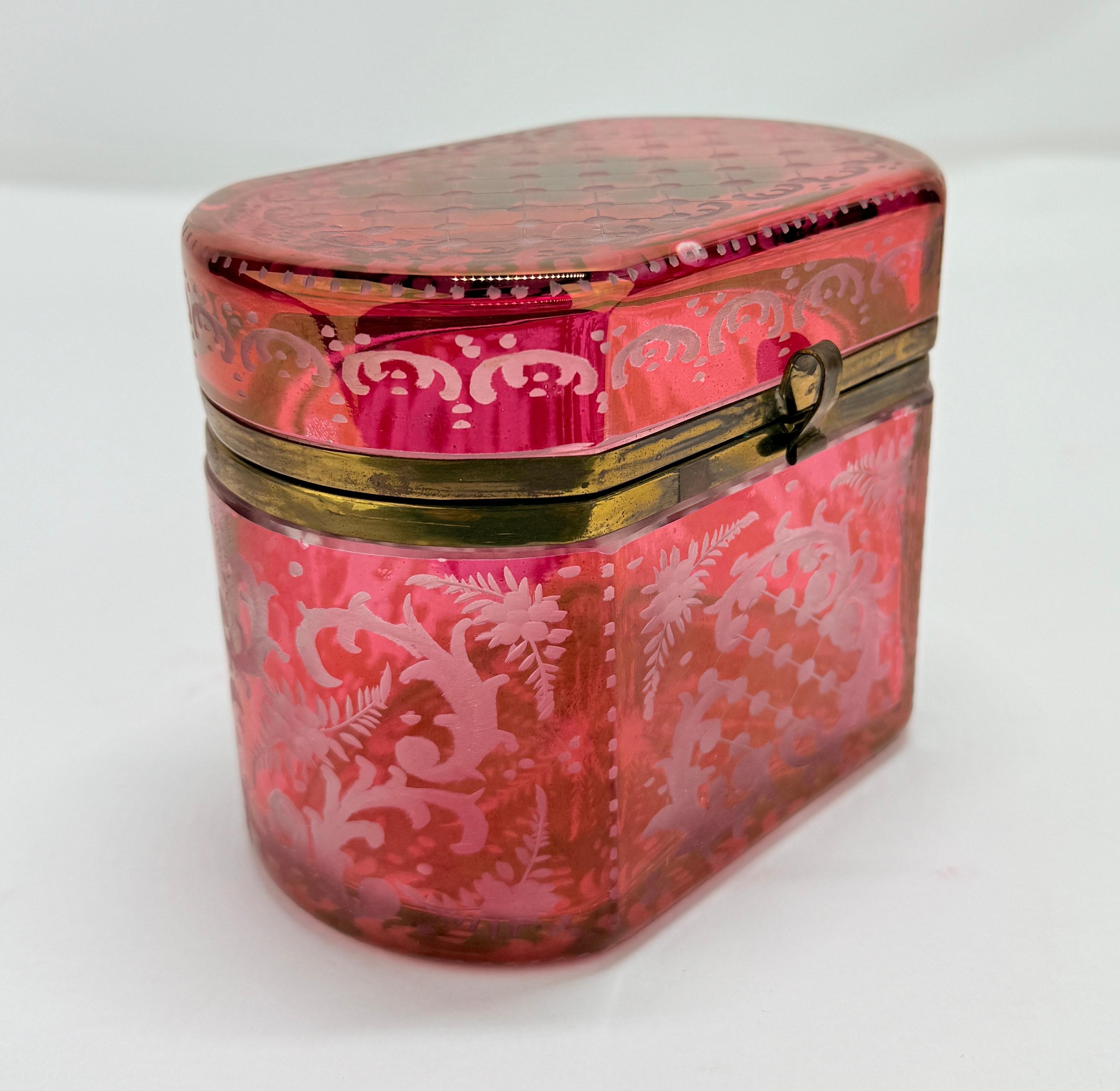 Art Nouveau Late 19th Century, Bohemian Cranberry Overlay & Gilt Bronze Hinged Casket Box For Sale