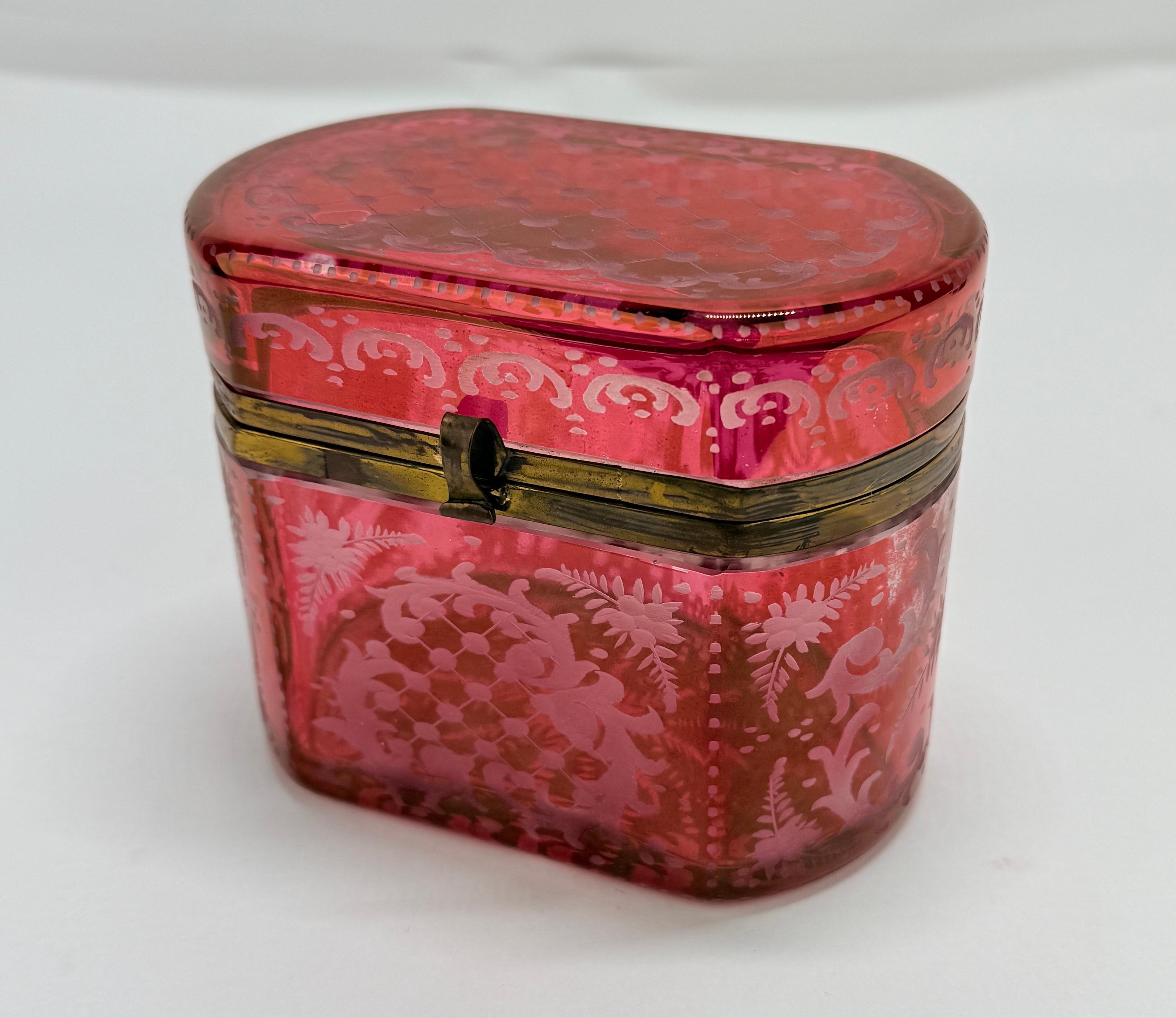 Late 19th Century, Bohemian Cranberry Overlay & Gilt Bronze Hinged Casket Box In Good Condition For Sale In Atlanta, GA