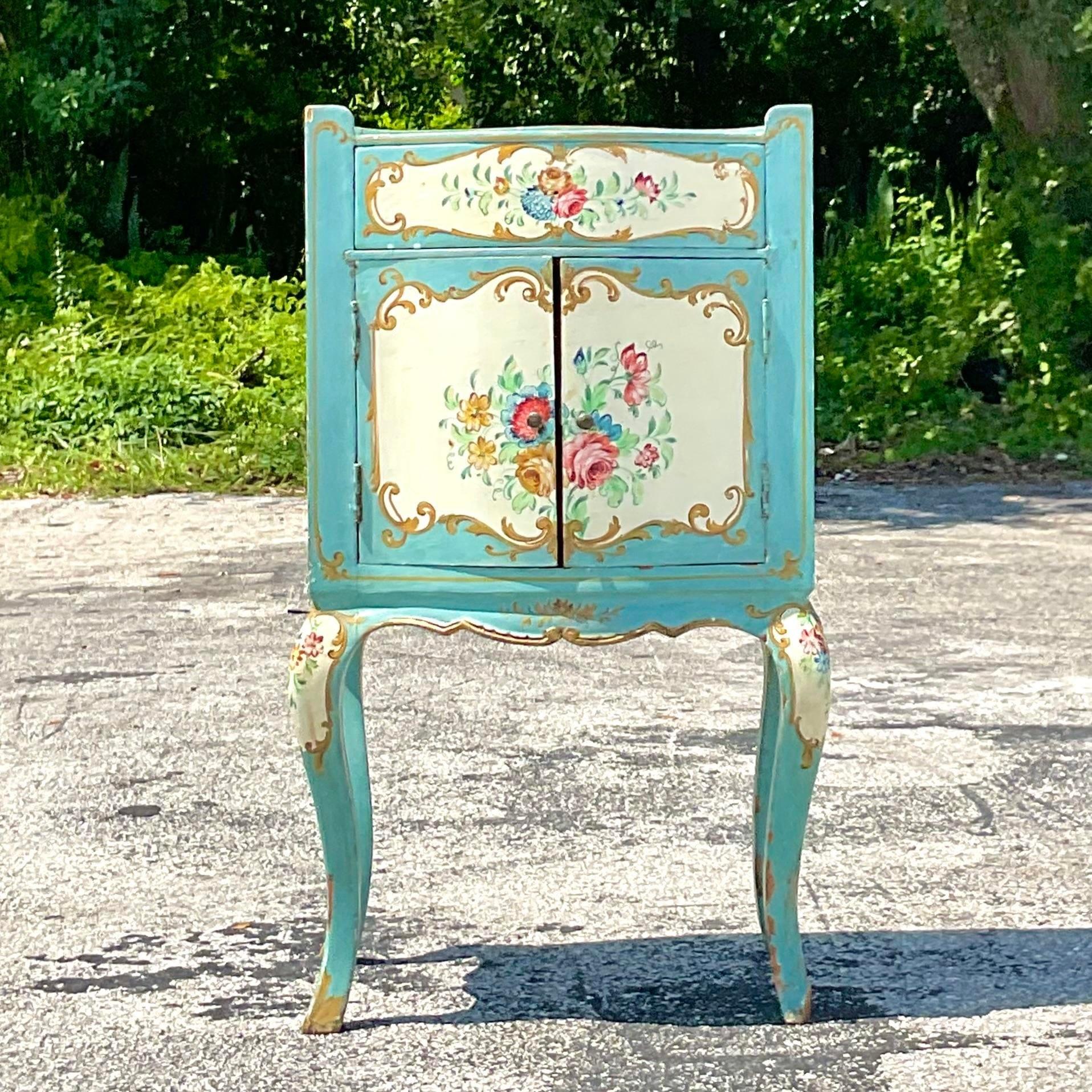 Late 19th Century Boho Italian Hand Painted Floral Nightstand In Good Condition For Sale In west palm beach, FL