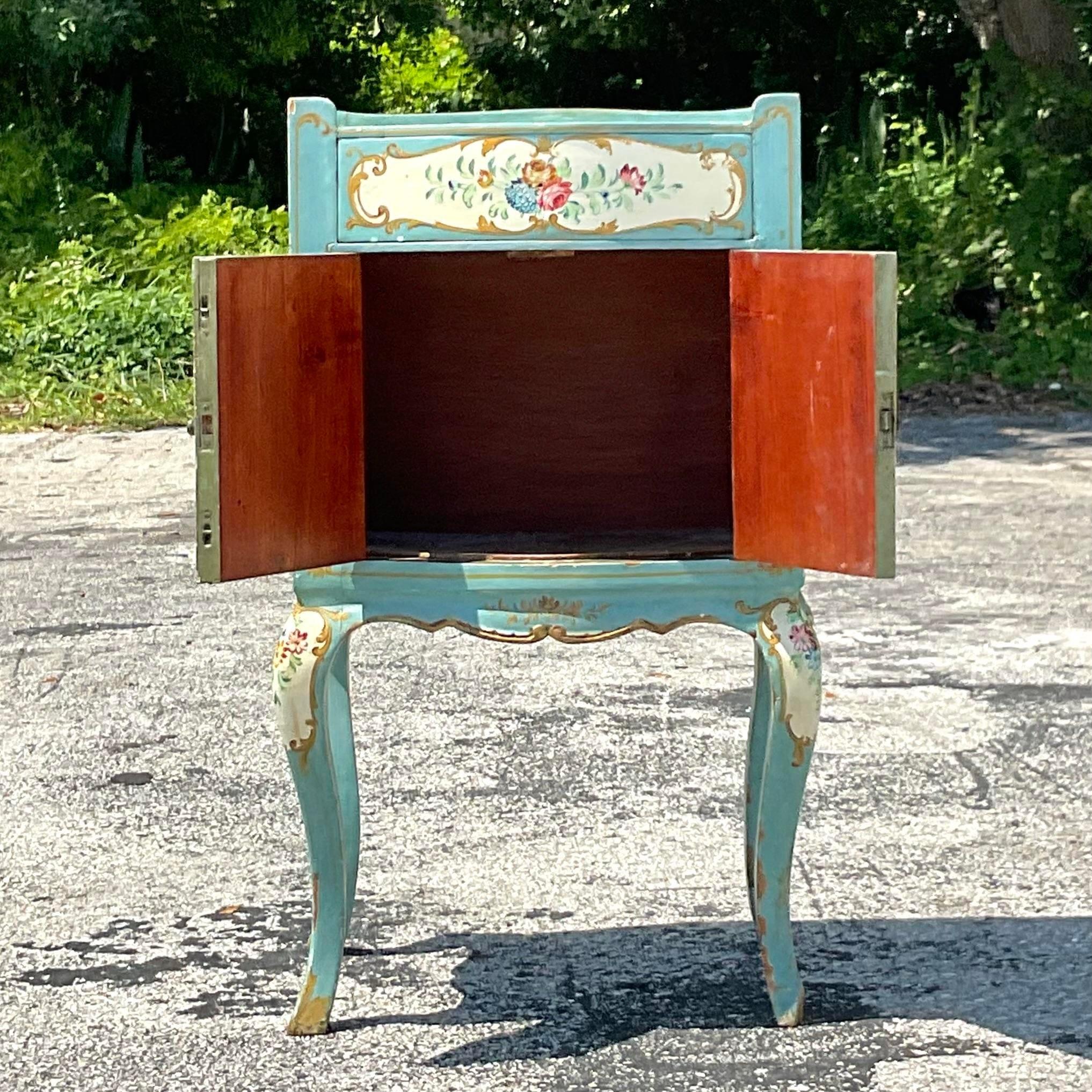 Wood Late 19th Century Boho Italian Hand Painted Floral Nightstand For Sale