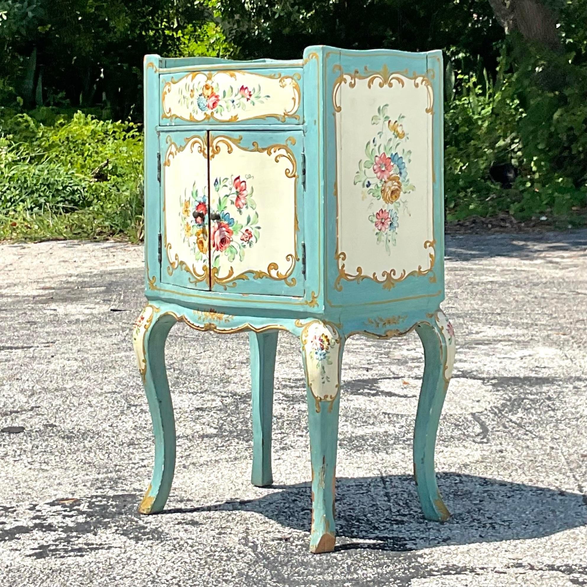 Late 19th Century Boho Italian Hand Painted Floral Nightstand For Sale 1