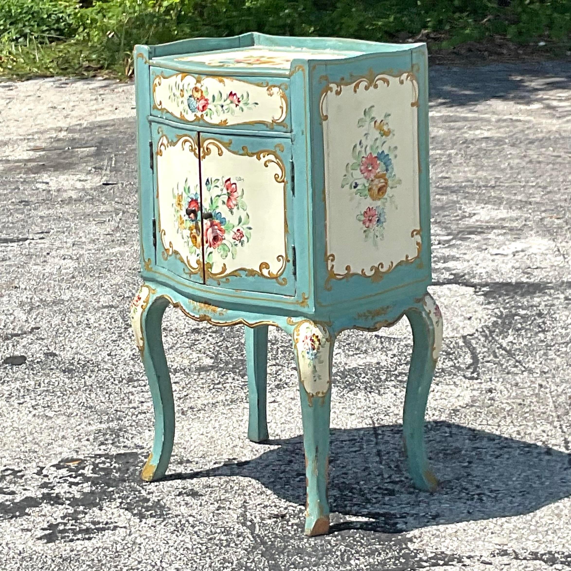Late 19th Century Boho Italian Hand Painted Floral Nightstand For Sale 2