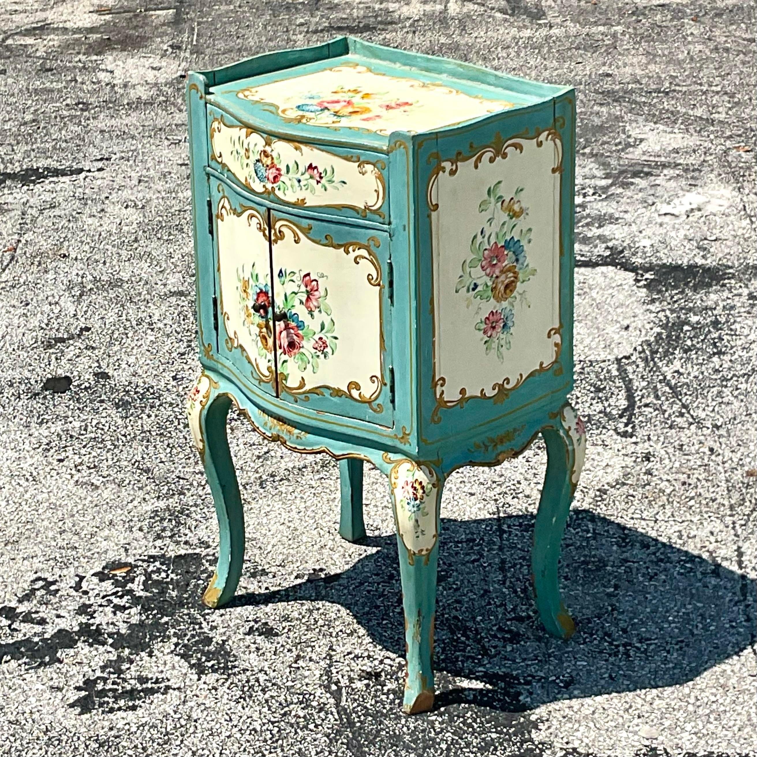 Late 19th Century Boho Italian Hand Painted Floral Nightstand For Sale 3