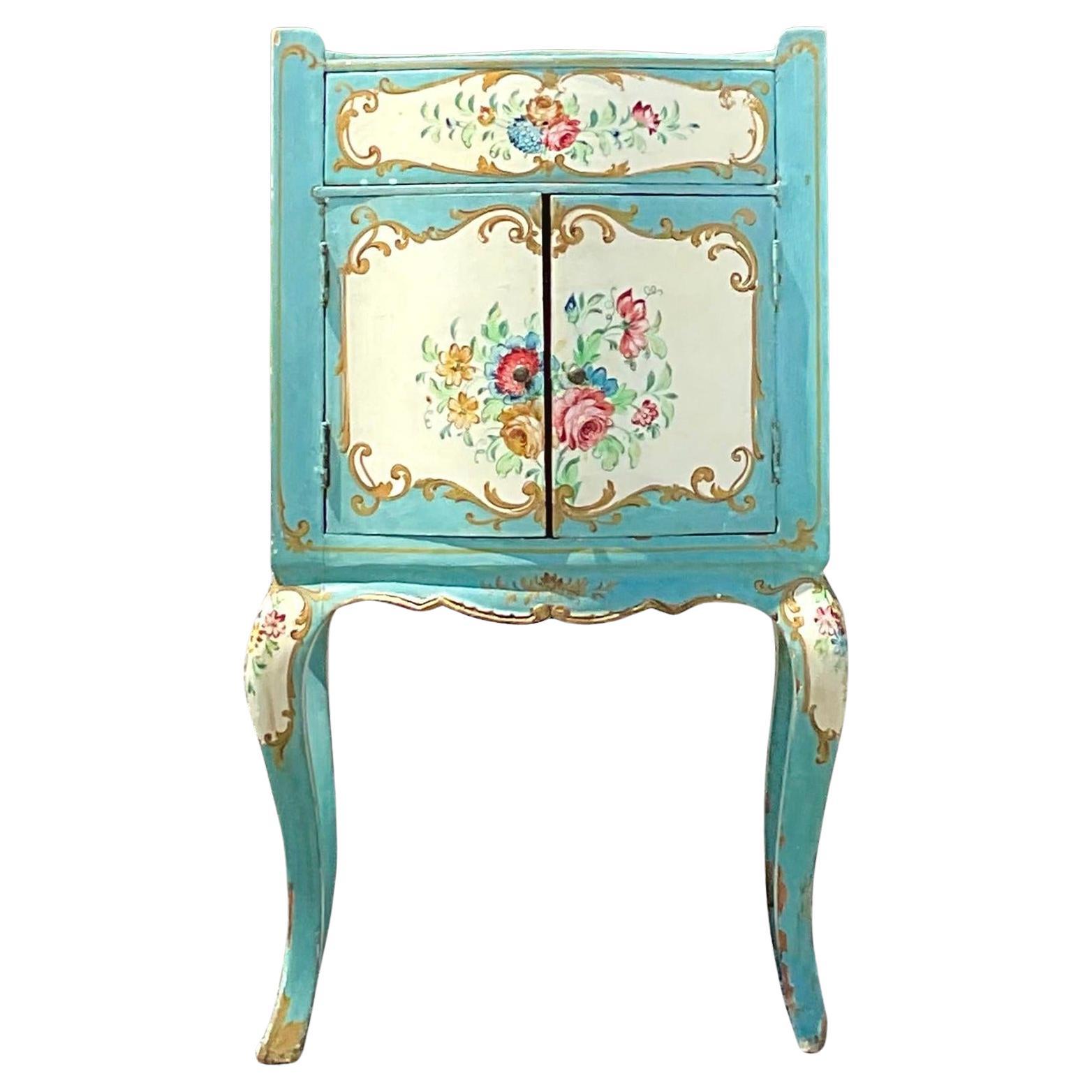 Late 19th Century Boho Italian Hand Painted Floral Nightstand For Sale