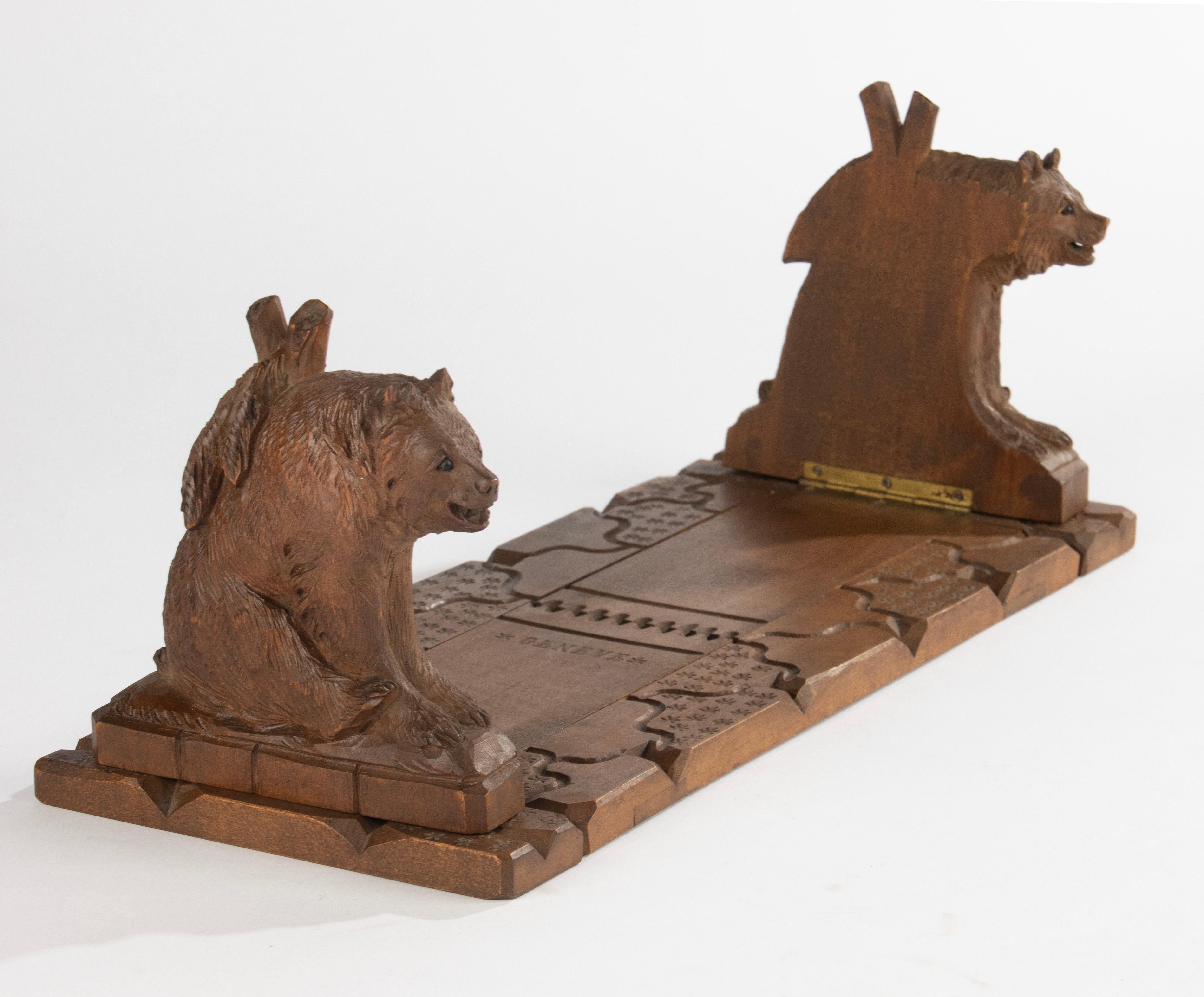 Swiss Late 19th Century Bookstand / Bookends - Black Forest - Walnut Carved Bears For Sale