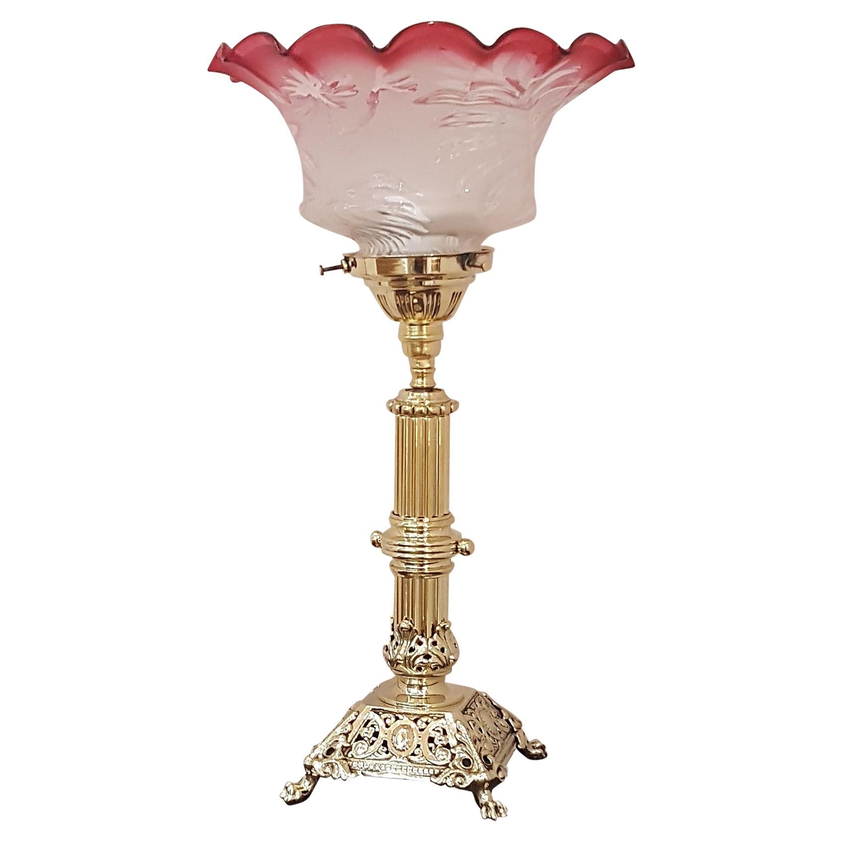 Late 19th Century Brass and Cranberry Glass Oil Lamp For Sale