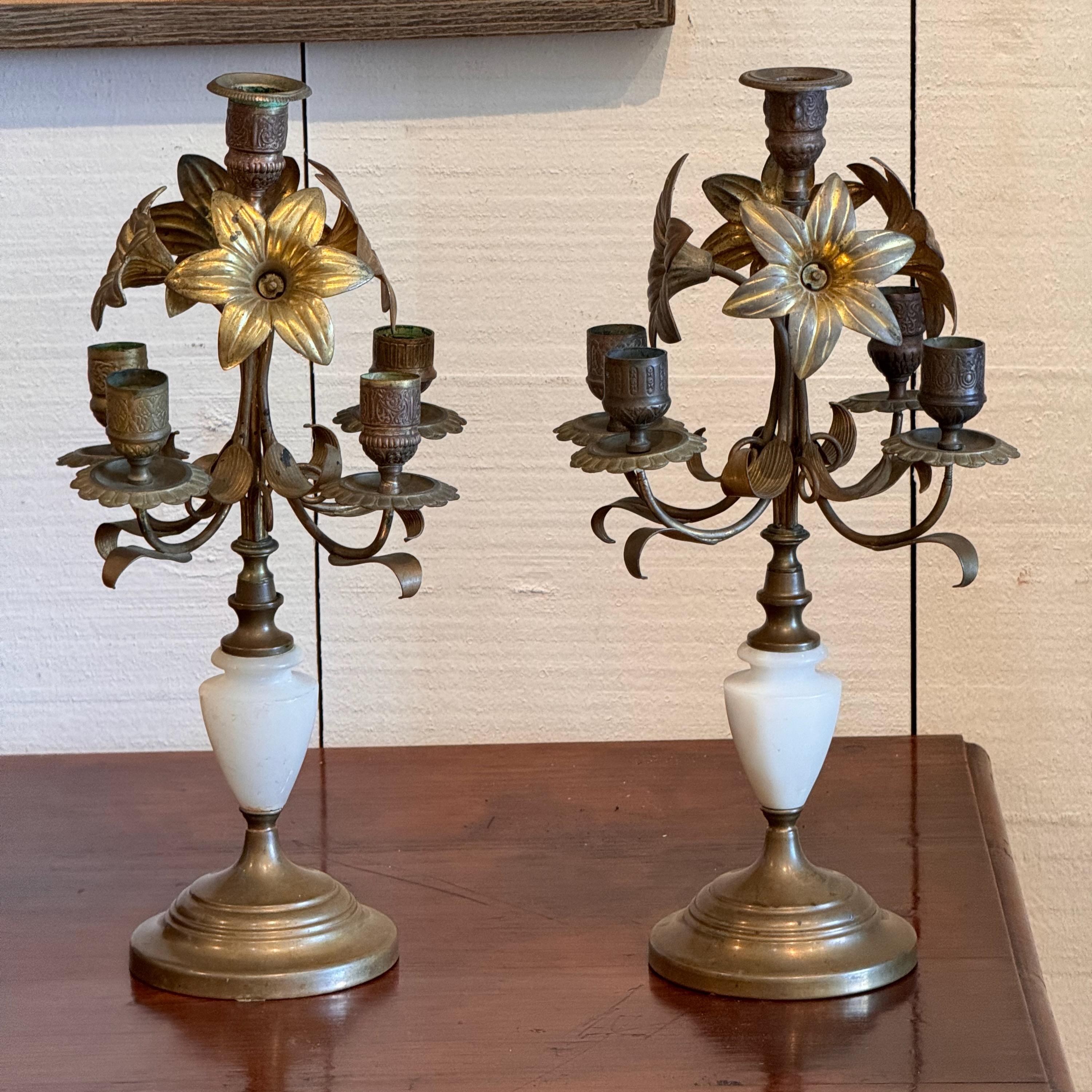 Flowers and candles. With marble and brass. Made in the Late 19th Century.