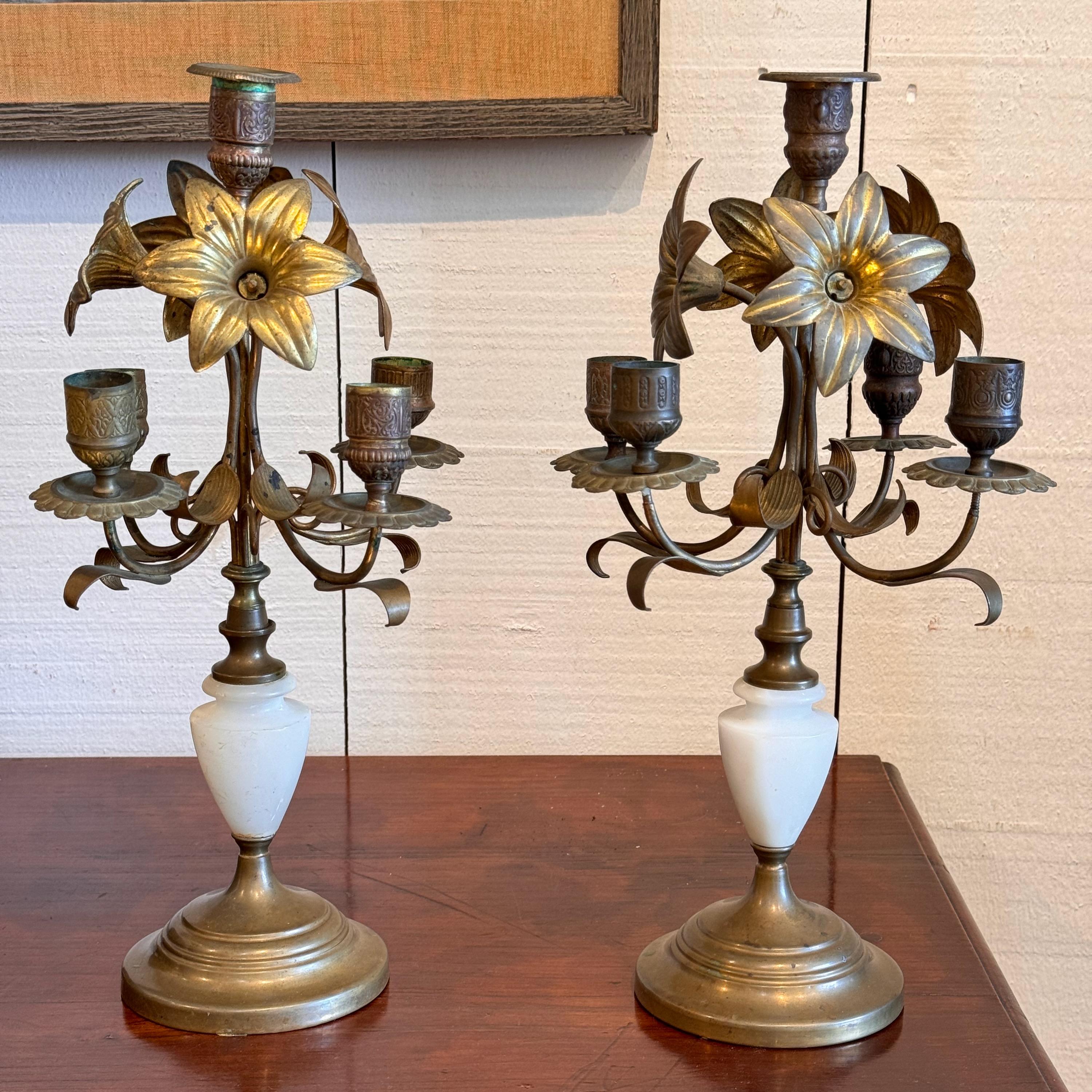 French Late 19th Century Brass and Marble Candle Holders - a Pair For Sale