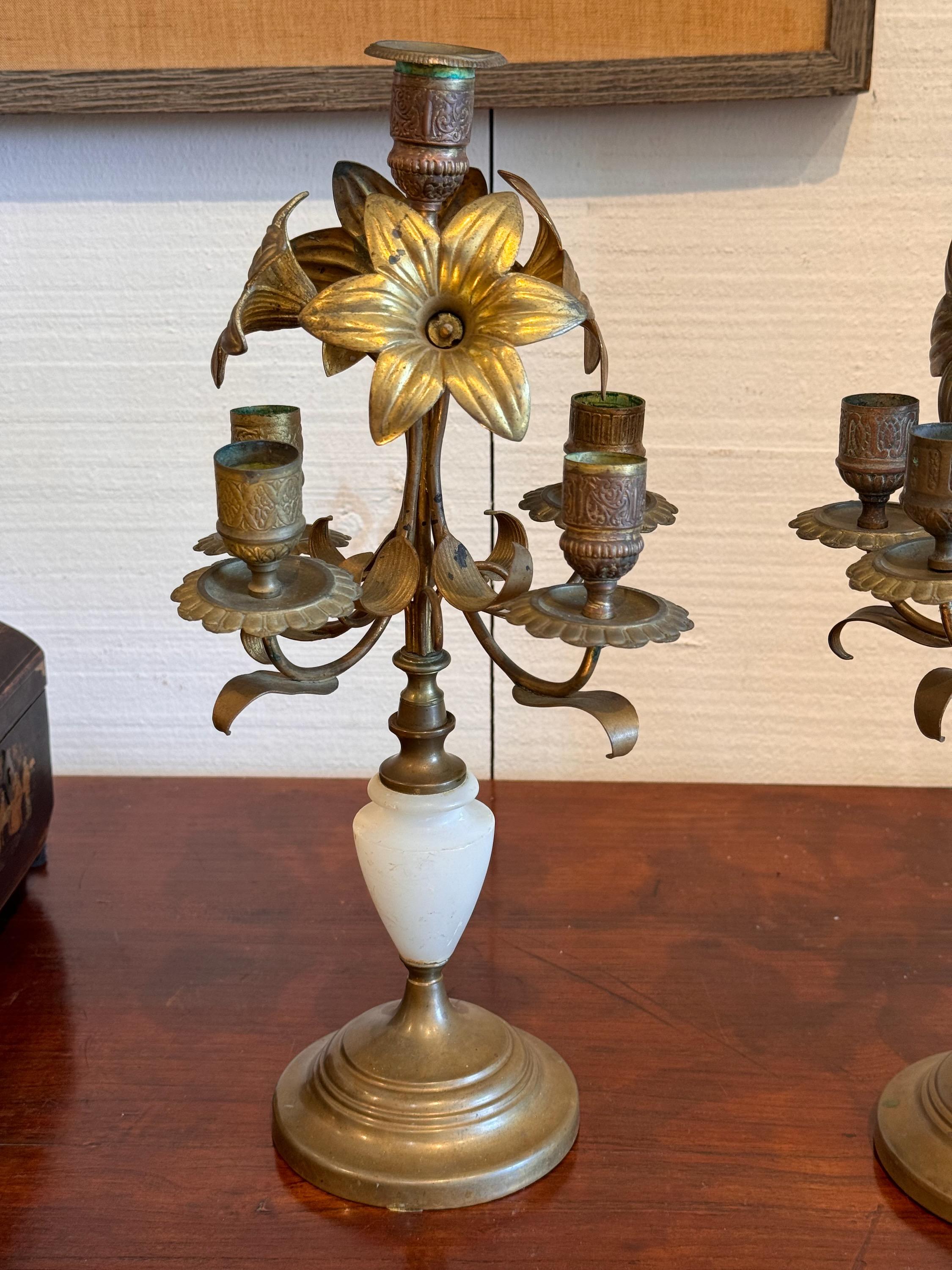 Late 19th Century Brass and Marble Candle Holders - a Pair In Good Condition For Sale In Charlottesville, VA