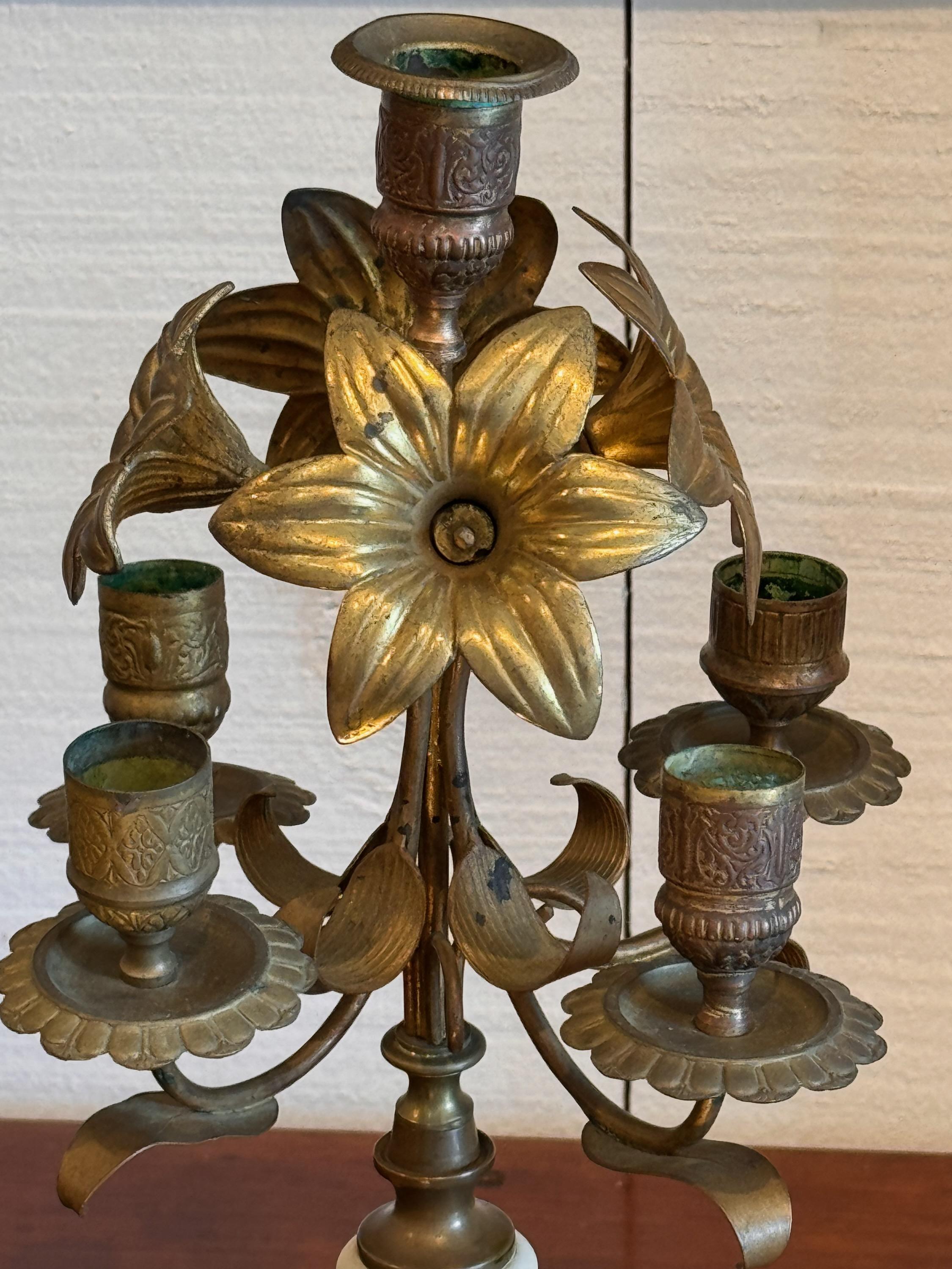 Late 19th Century Brass and Marble Candle Holders - a Pair For Sale 2
