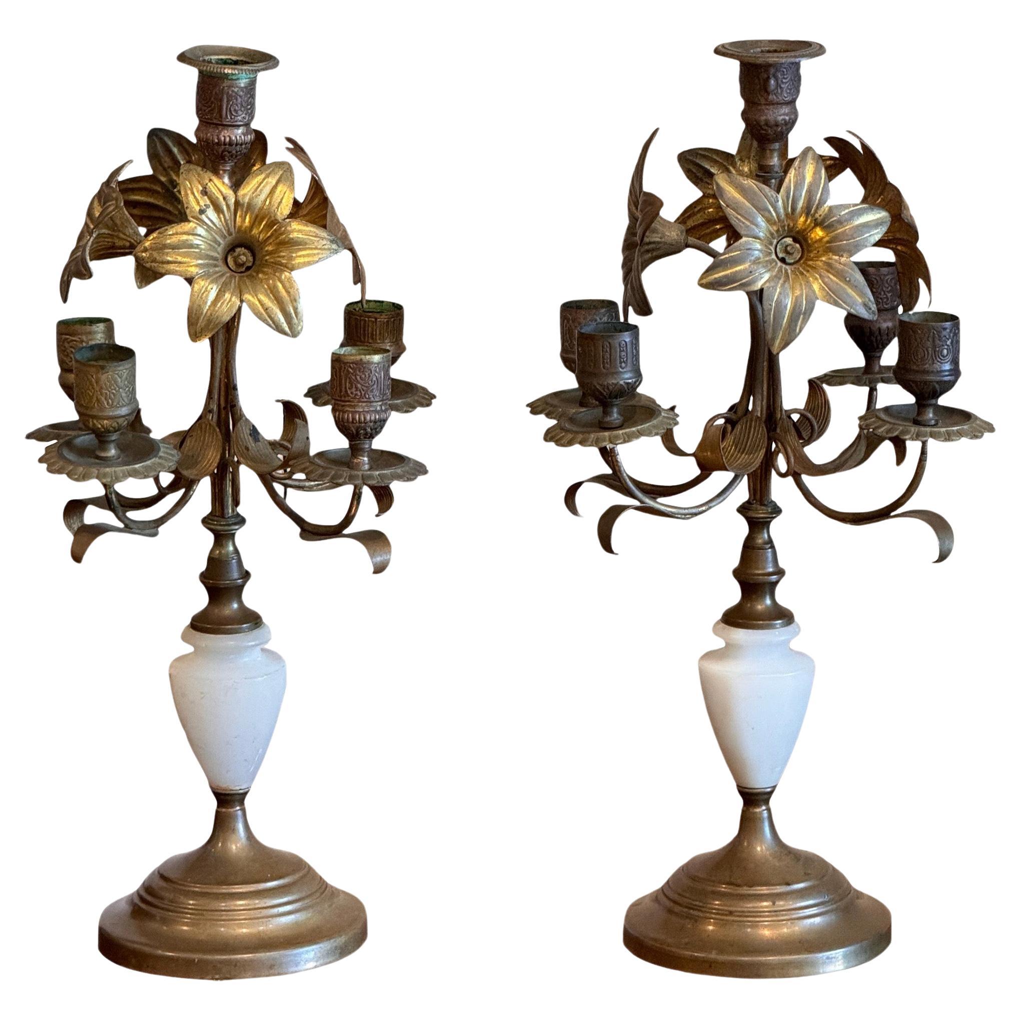 Late 19th Century Brass and Marble Candle Holders - a Pair For Sale