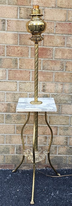 Late 19th Century Brass and Marble Smoker or Piano Lamp with Center Shelf