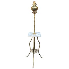 Late 19th Century Brass and Marble Smoker or Piano Lamp with Center Shelf