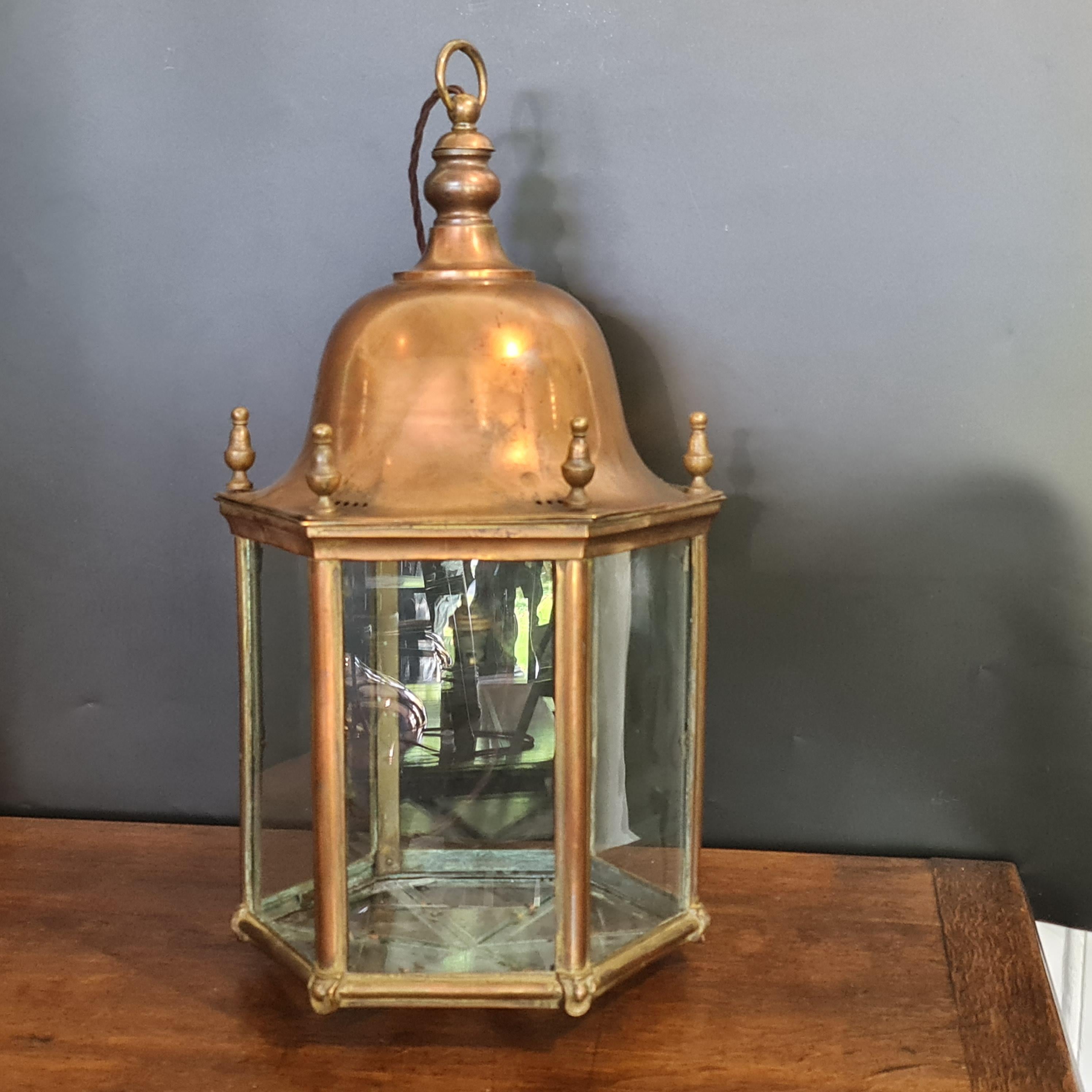 British Late 19th Century brass dome topped hexagonal Latern For Sale