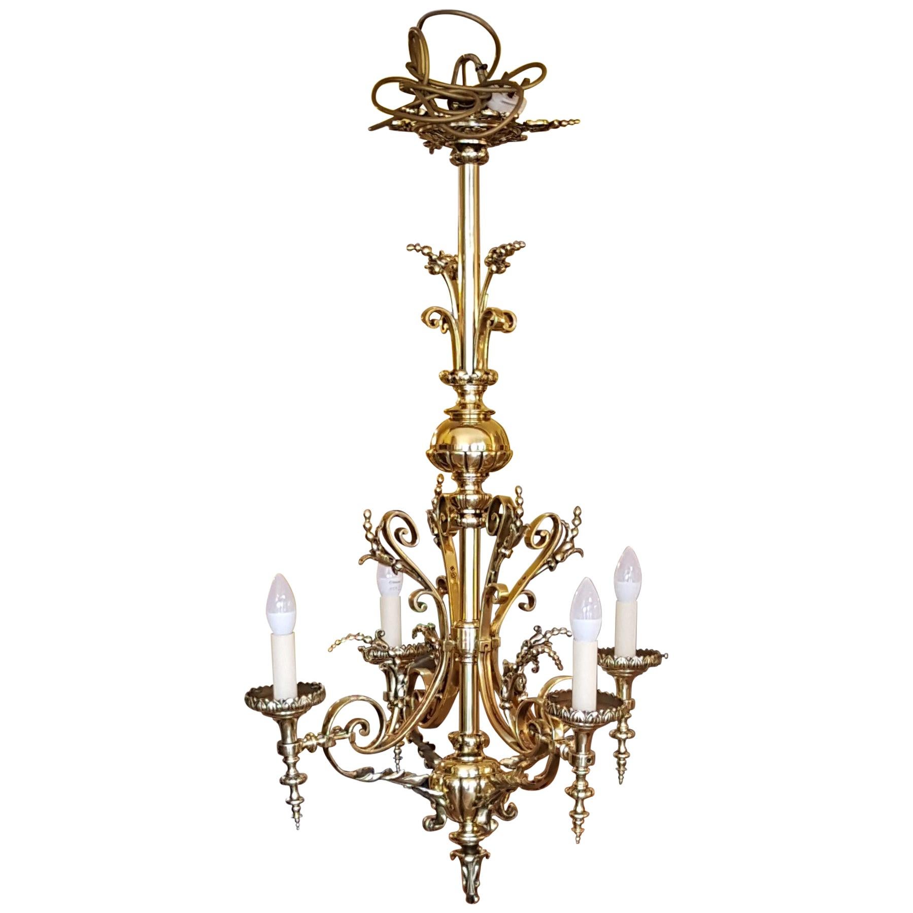 Late 19th Century Brass Four-Arm Chandelier For Sale