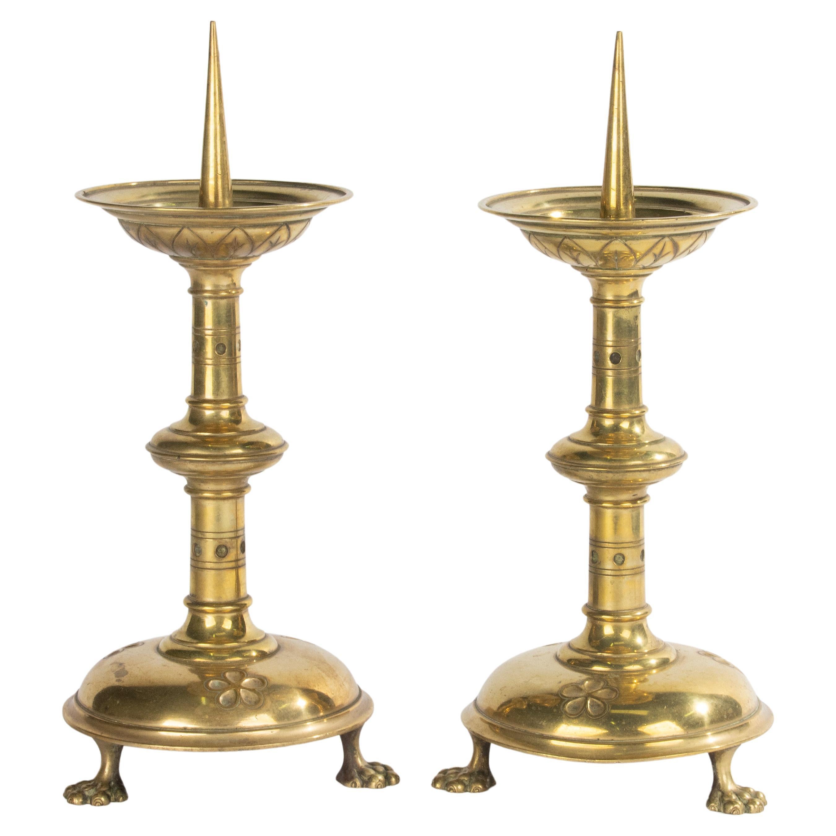 Late 19th Century Brass Gothic Style Candlesticks For Sale
