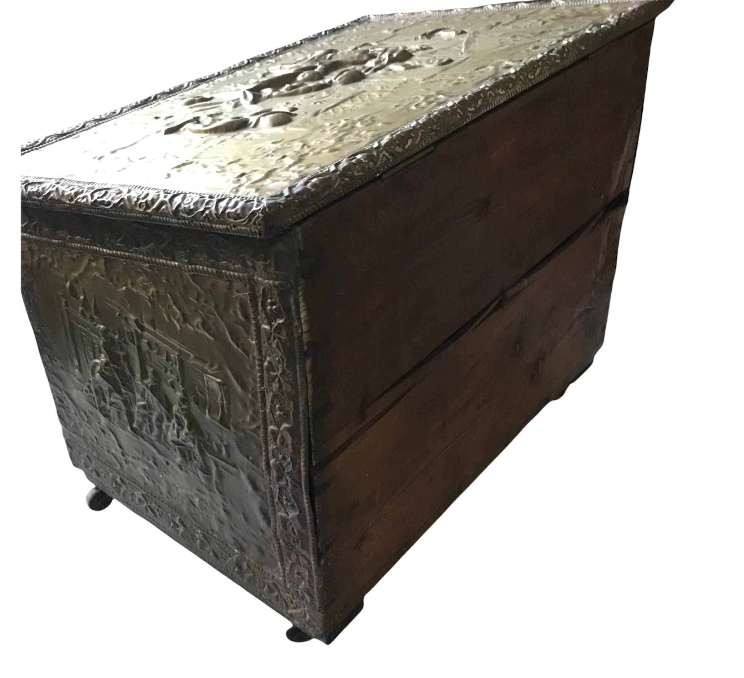 Baroque Late 19th Century Brass Tin Firewood Box For Sale